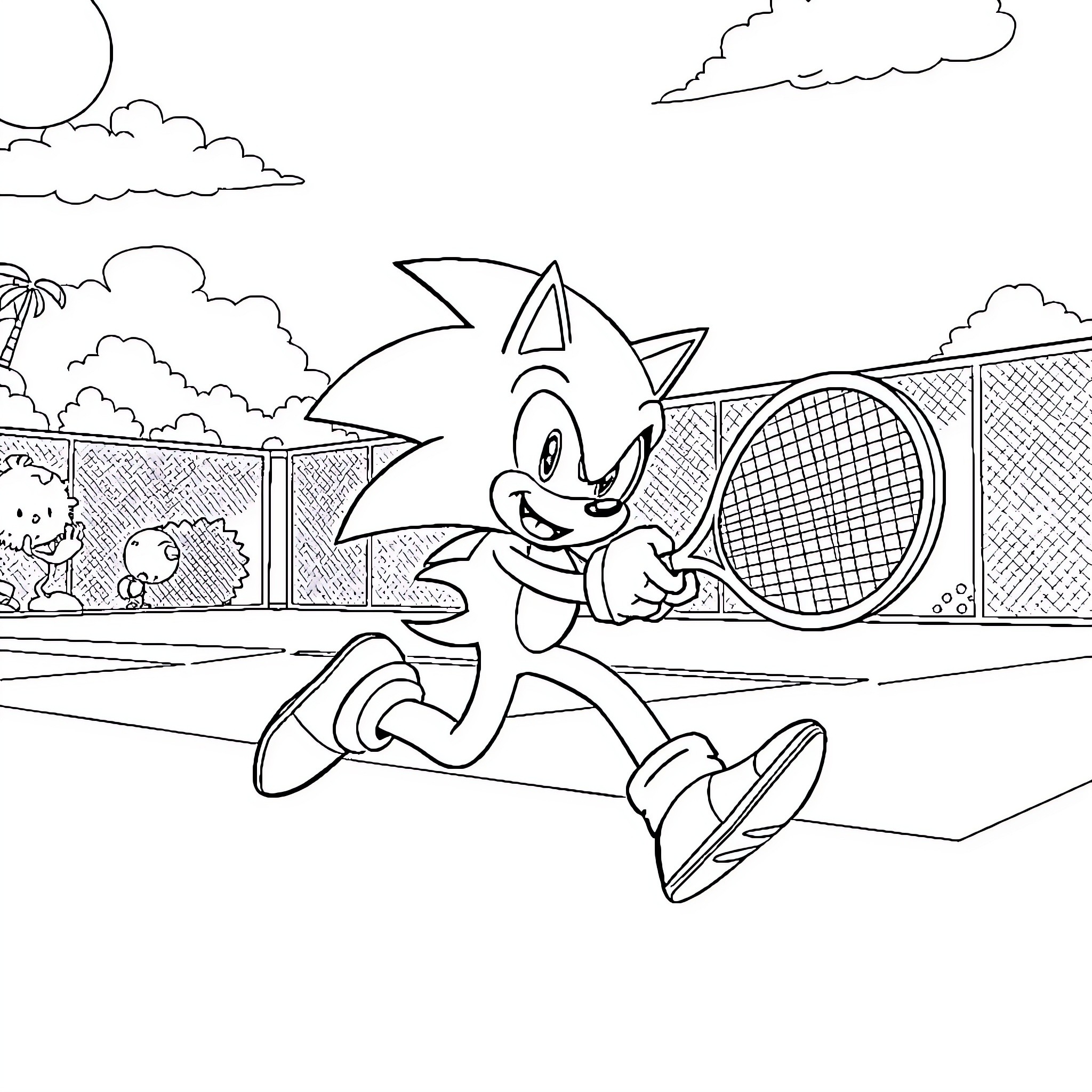 Sonic playing tennis on the court Coloring Page (free black-and-white line drawing printable PDF for all, from beginners to advanced learners, including children, teens, adults, and seniors)