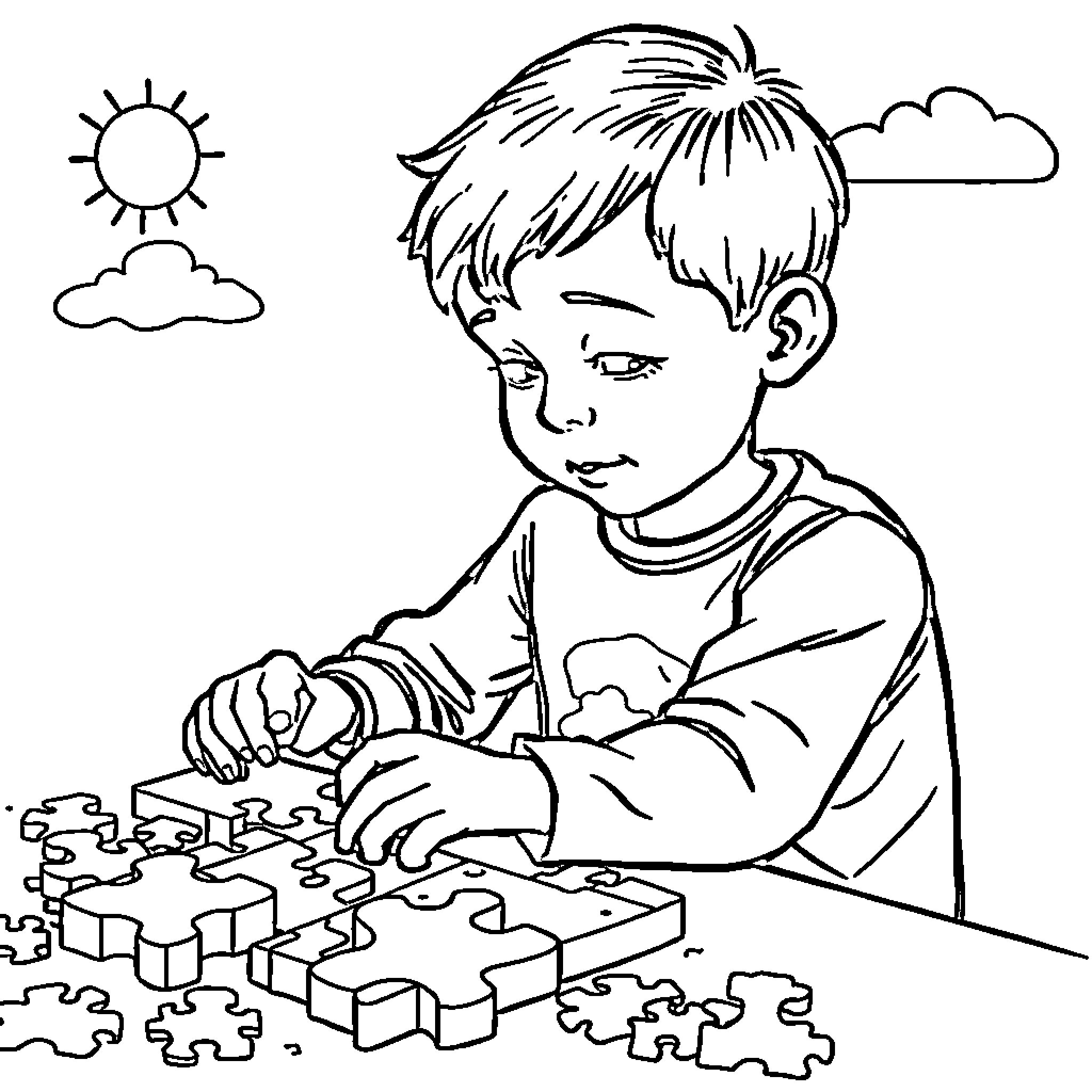 Boy playing with puzzles on a sunny day Coloring Page (free black-and-white line drawing printable PDF for all, from beginners to advanced learners, including children, teens, adults, and seniors)