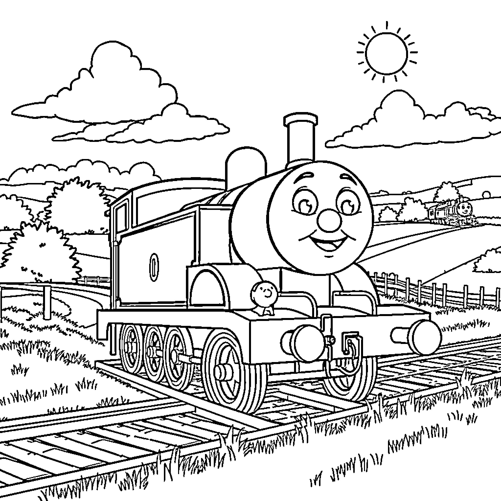 Lady Enjoys Friendly Train in the Countryside Coloring Page (free black-and-white line drawing printable PDF for all, from beginners to advanced learners, including children, teens, adults, and seniors)