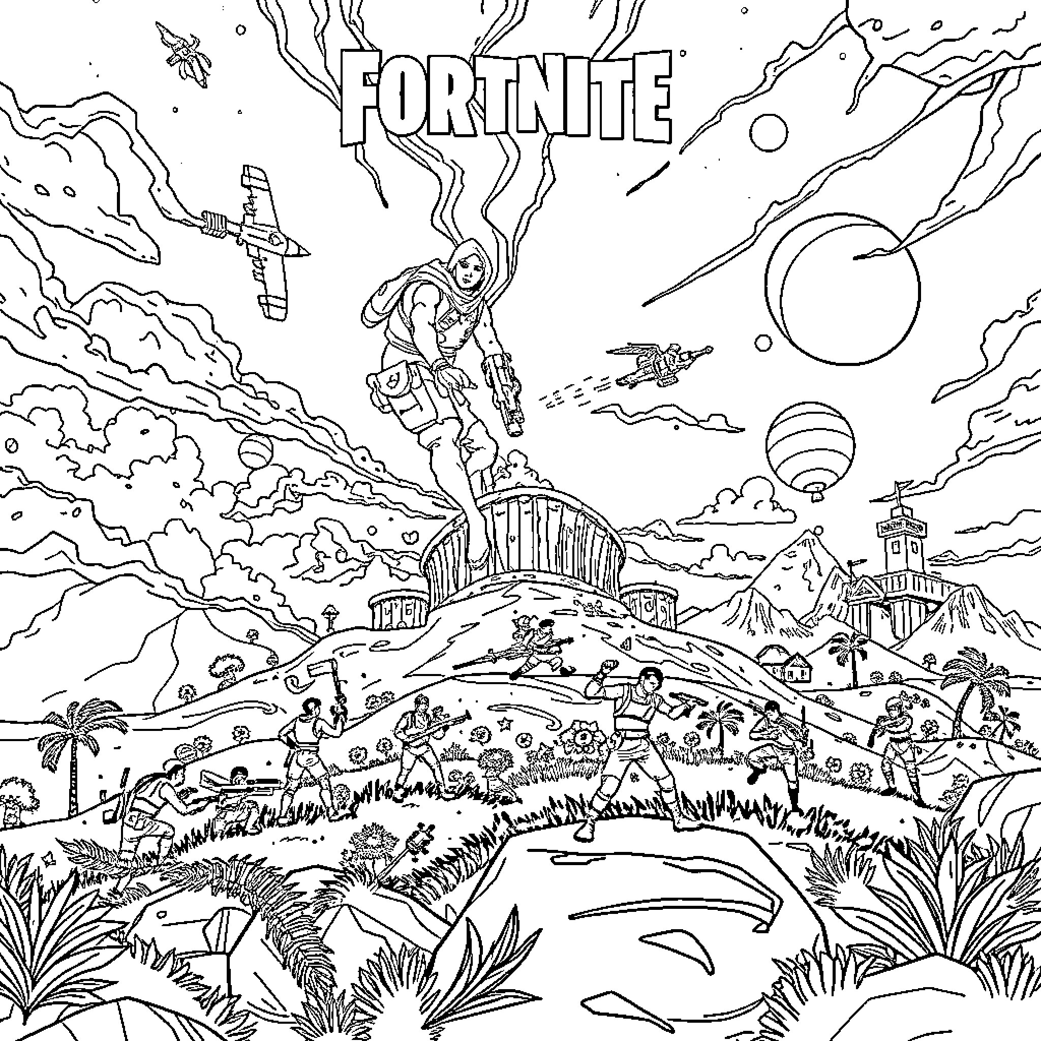 Fortnite Adventurous Battles and Exploration Coloring Page (free black-and-white line drawing printable PDF for all, from beginners to advanced learners, including children, teens, adults, and seniors)