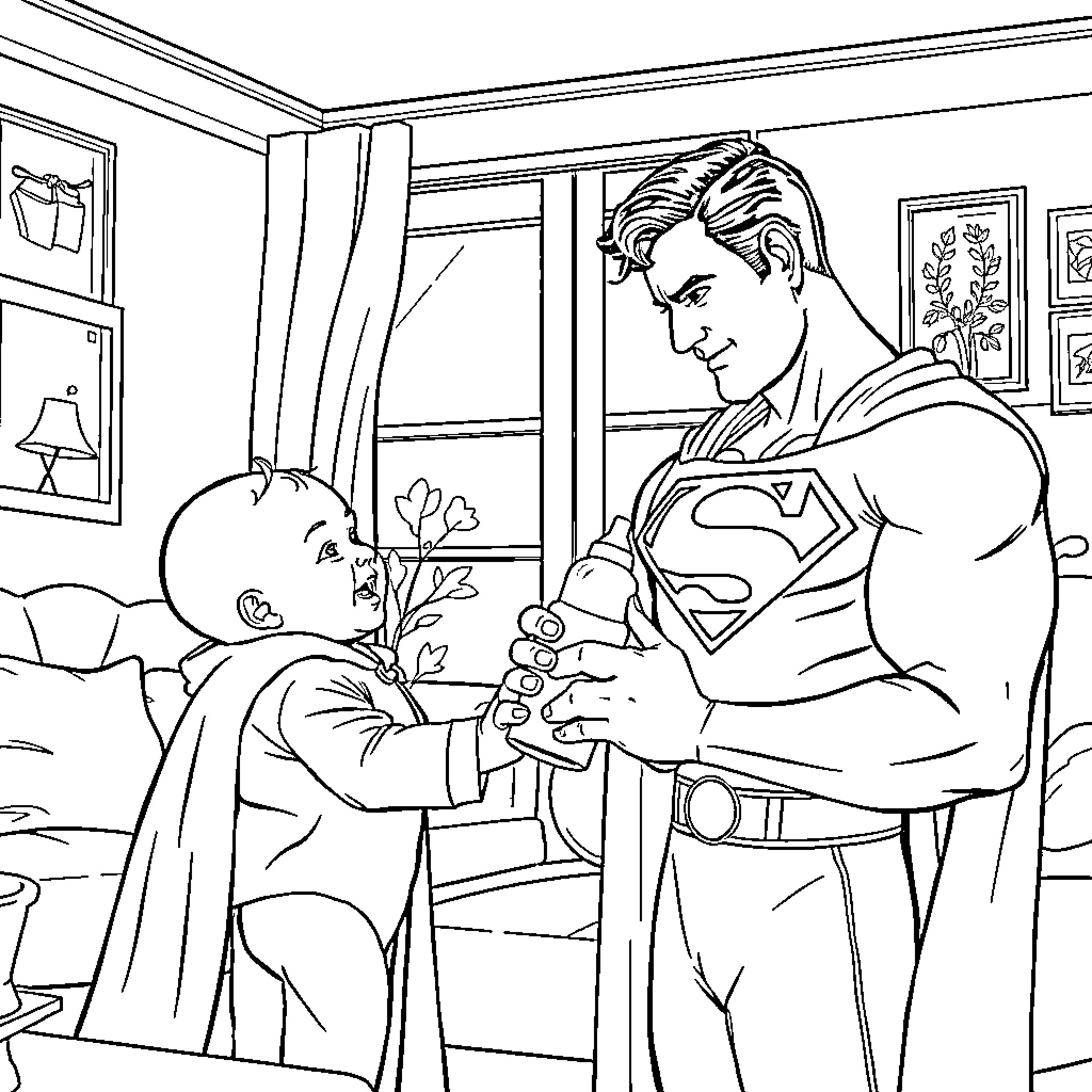 Superman comforting a child in a home setting Coloring Page (free black-and-white line drawing printable PDF for all, from beginners to advanced learners, including children, teens, adults, and seniors)