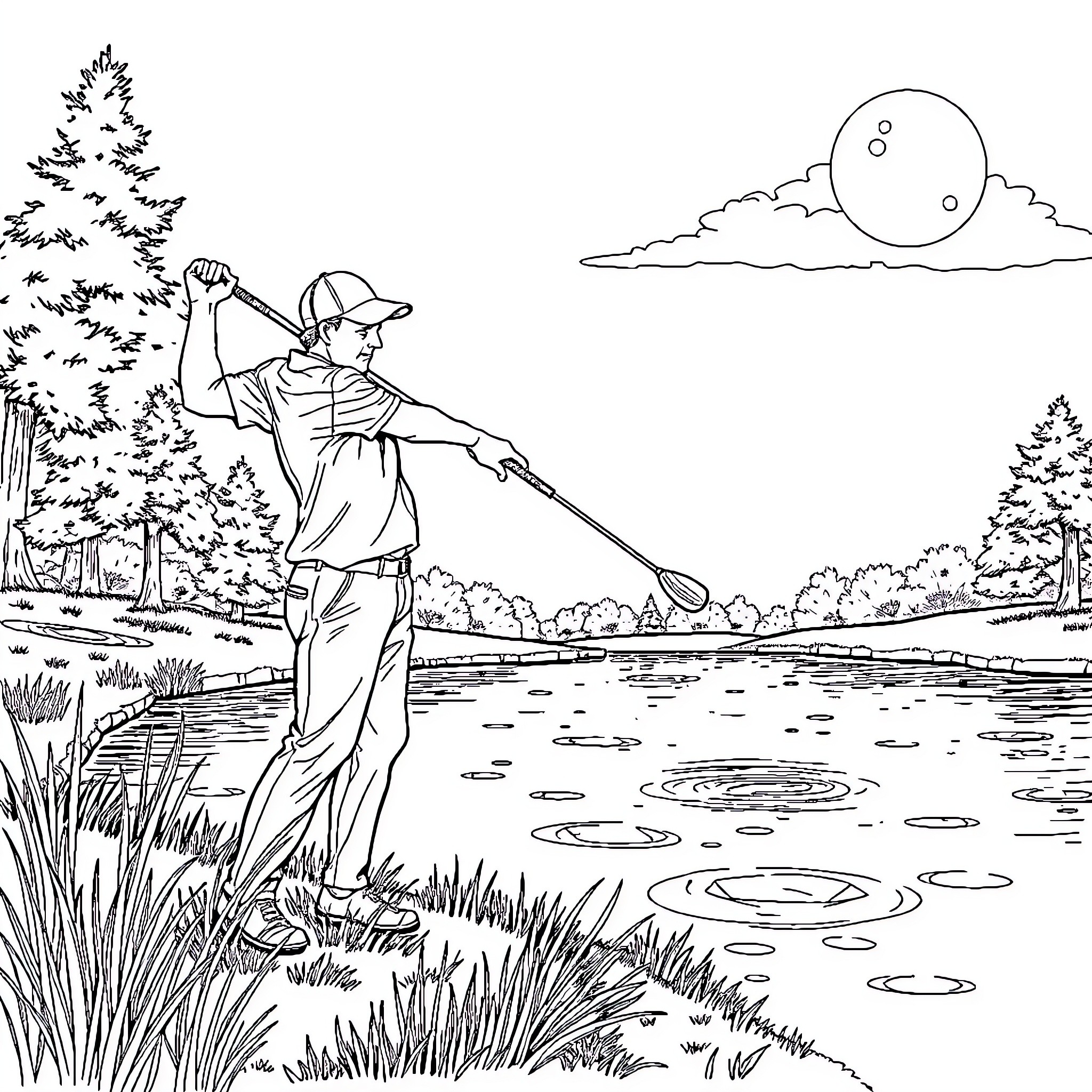 Golfer enjoying a serene lakeside setting Coloring Page (free black-and-white line drawing printable PDF for all, from beginners to advanced learners, including children, teens, adults, and seniors)