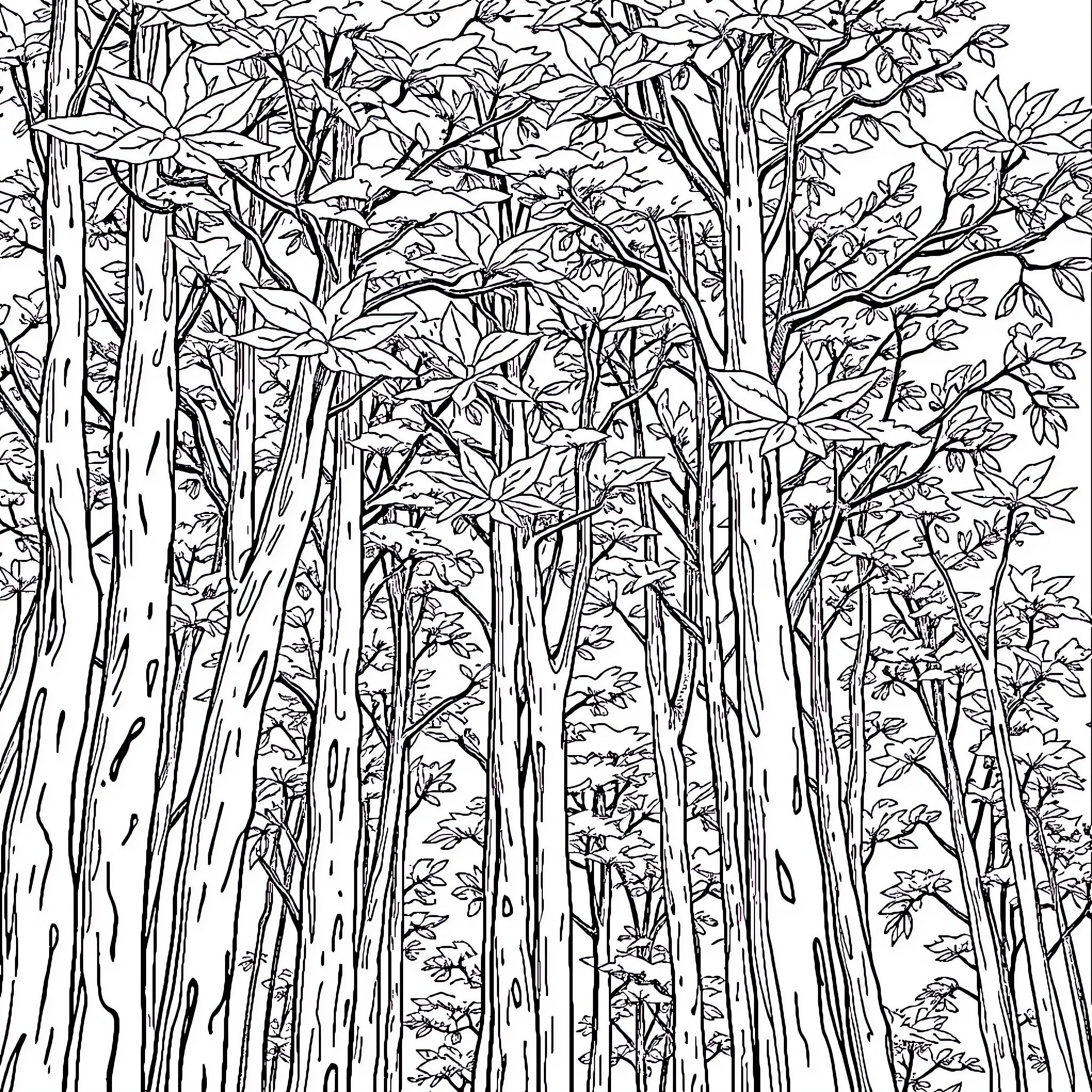 Tree Silhouettes Intertwine in Dense Forest Coloring Page (free black-and-white line drawing printable PDF for all, from beginners to advanced learners, including children, teens, adults, and seniors)