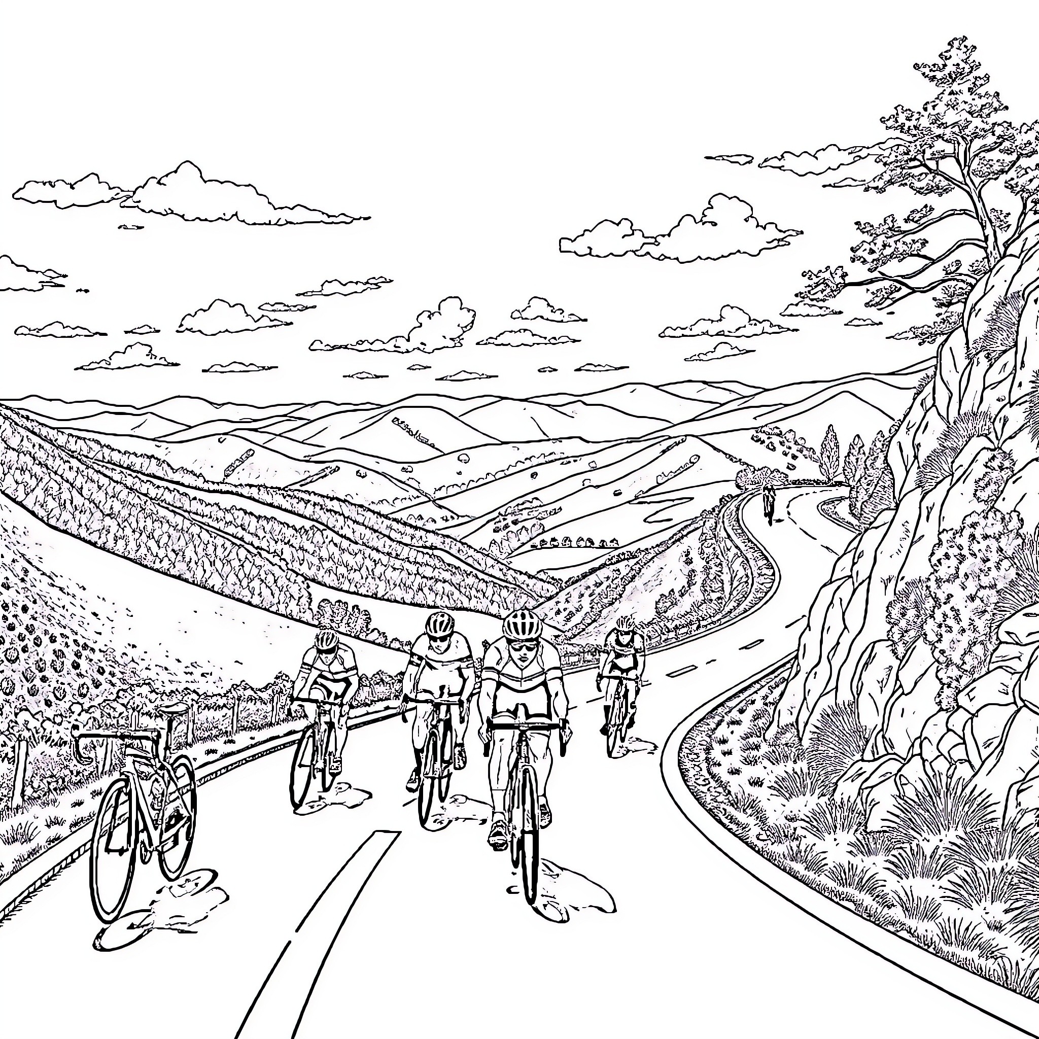 Cycle through the Scenic Countryside Coloring Page (free black-and-white line drawing printable PDF for all, from beginners to advanced learners, including children, teens, adults, and seniors)