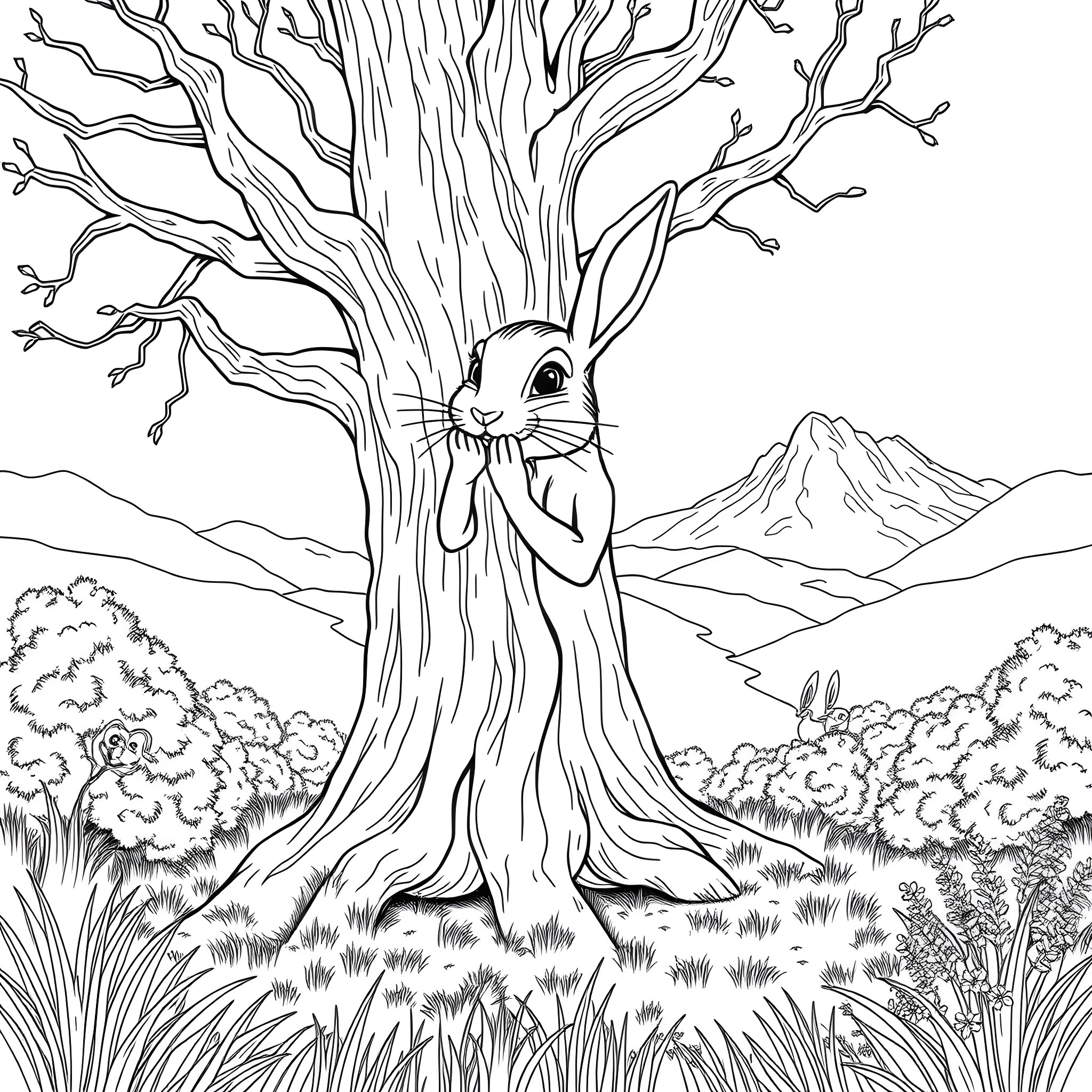 Rabbit Peeking from Hollow Tree in Scenic Landscape Coloring Page (free black-and-white line drawing printable PDF for all, from beginners to advanced learners, including children, teens, adults, and seniors)