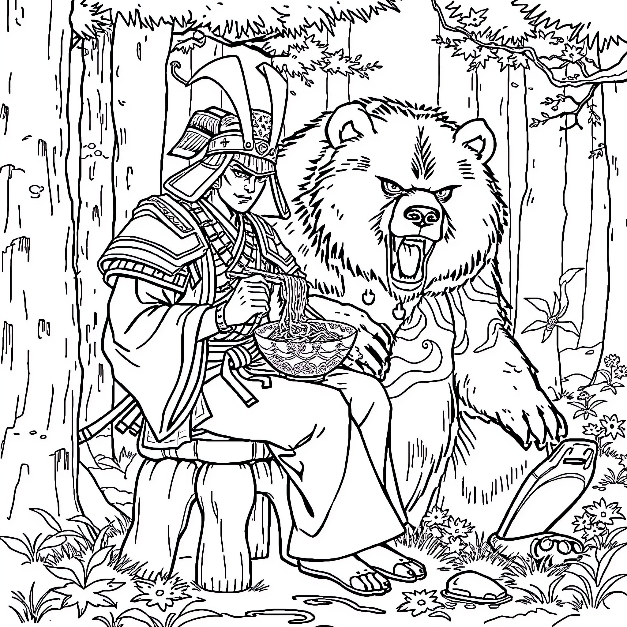 Samurai facing a mighty bear in the forest Coloring Page (free black-and-white line drawing printable PDF for all, from beginners to advanced learners, including children, teens, adults, and seniors)