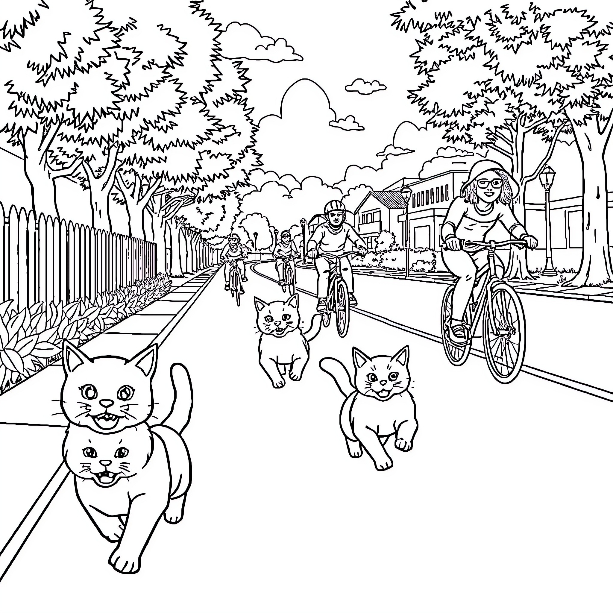 Cats on a Charming Street Scene Coloring Page (free black-and-white line drawing printable PDF for all, from beginners to advanced learners, including children, teens, adults, and seniors)