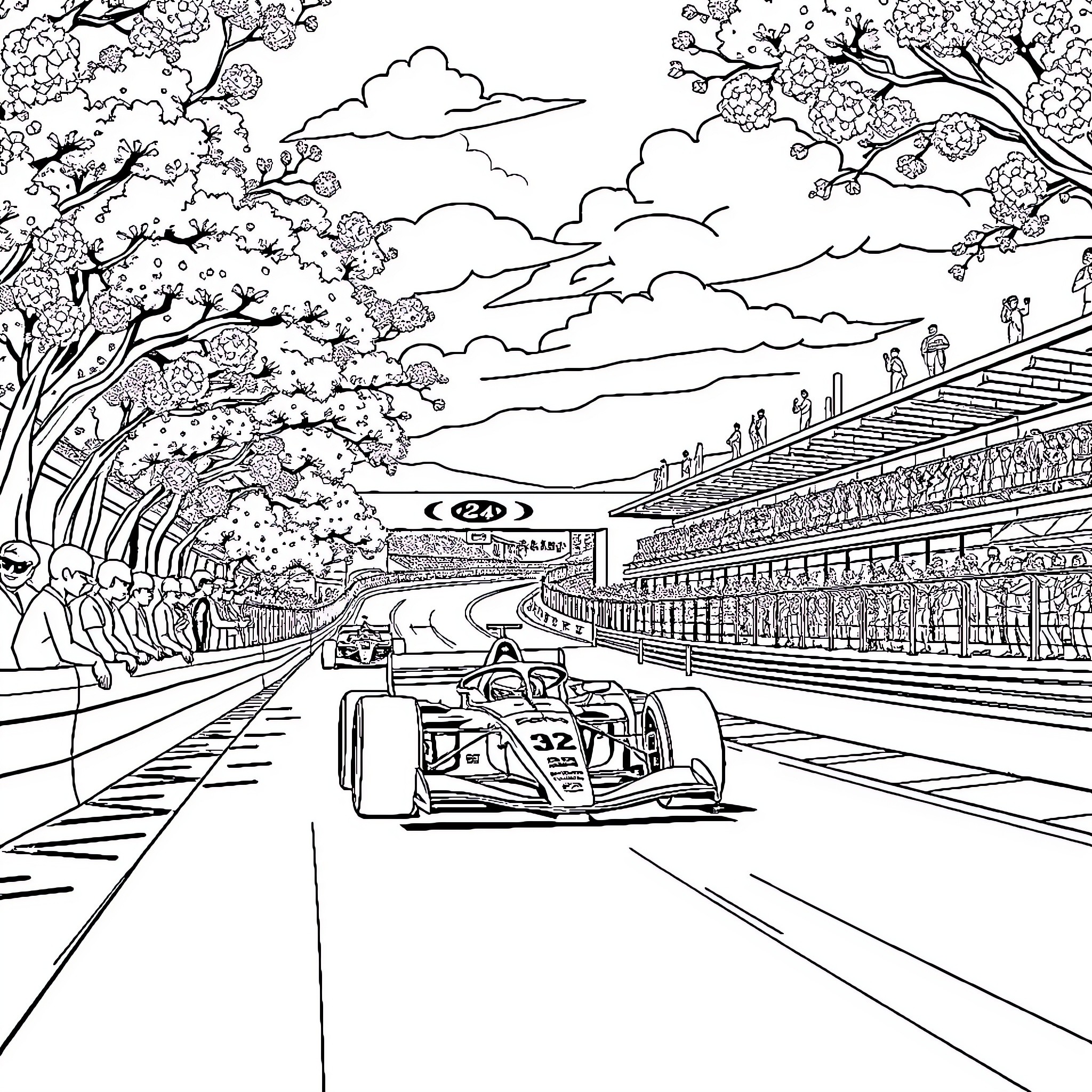 Formula One Race in a Vibrant Landscape Coloring Page (free black-and-white line drawing printable PDF for all, from beginners to advanced learners, including children, teens, adults, and seniors)