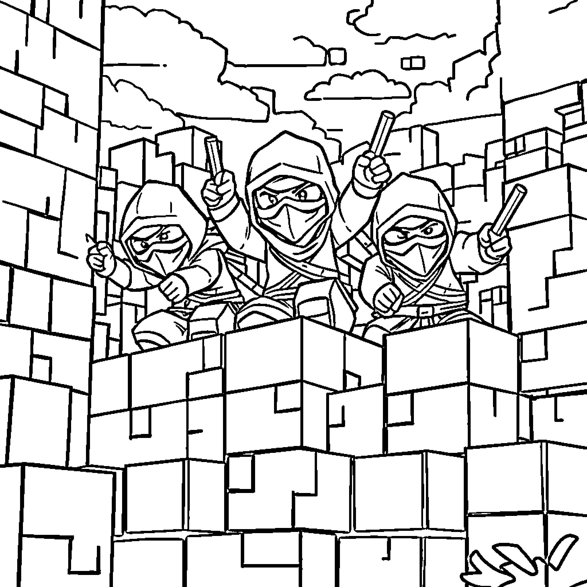 Ninja warriors in action on the rooftops Coloring Page (free black-and-white line drawing printable PDF for all, from beginners to advanced learners, including children, teens, adults, and seniors)