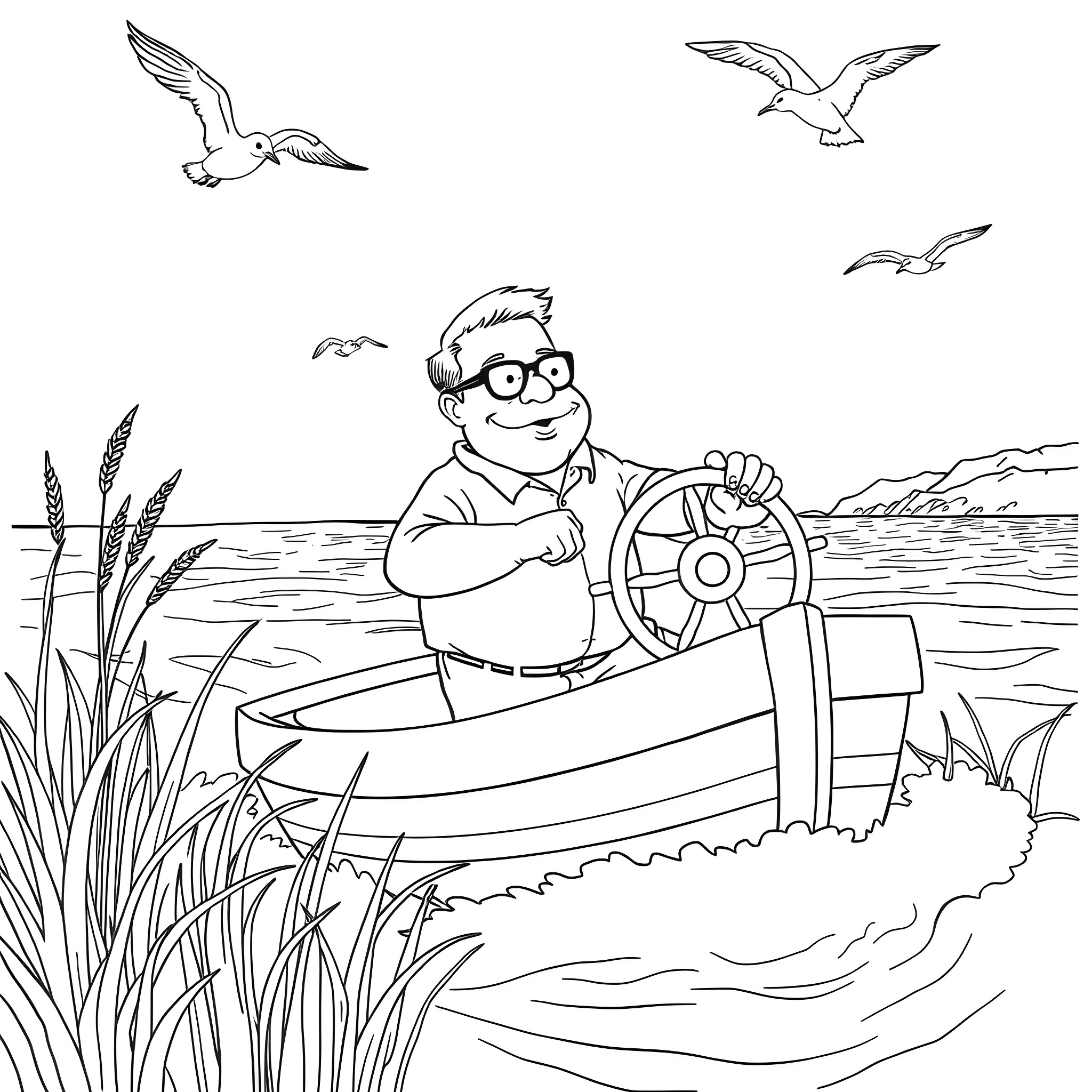 George Costanza enjoys a boat ride on the water Coloring Page (free black-and-white line drawing printable PDF for all, from beginners to advanced learners, including children, teens, adults, and seniors)