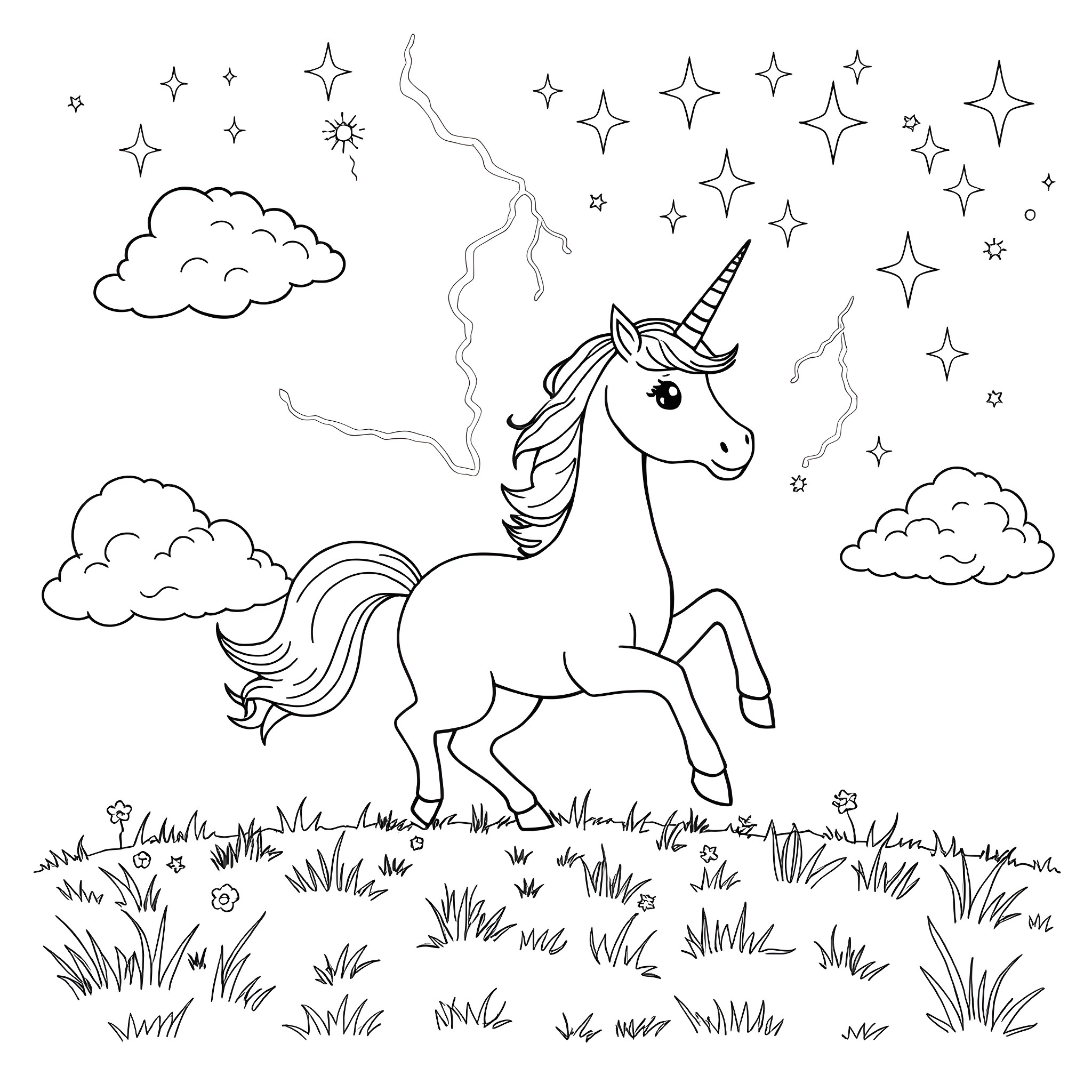 Unicorn Frolicking in the Enchanted Meadow Coloring Page (free black-and-white line drawing printable PDF for all, from beginners to advanced learners, including children, teens, adults, and seniors)