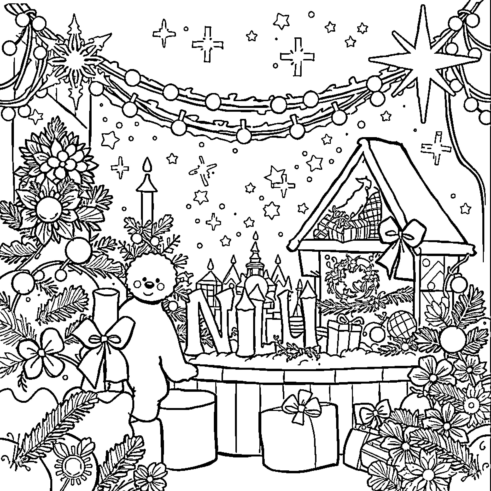 Christmas Decor and Festive Ornaments in Winter Scene Coloring Page (free black-and-white line drawing printable PDF for all, from beginners to advanced learners, including children, teens, adults, and seniors)