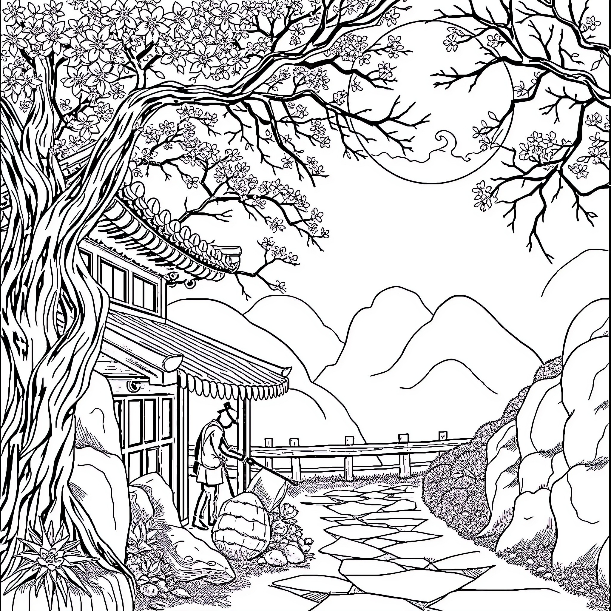 Cat Exploring Nature's Beauty in a Traditional Setting Coloring Page (free black-and-white line drawing printable PDF for all, from beginners to advanced learners, including children, teens, adults, and seniors)