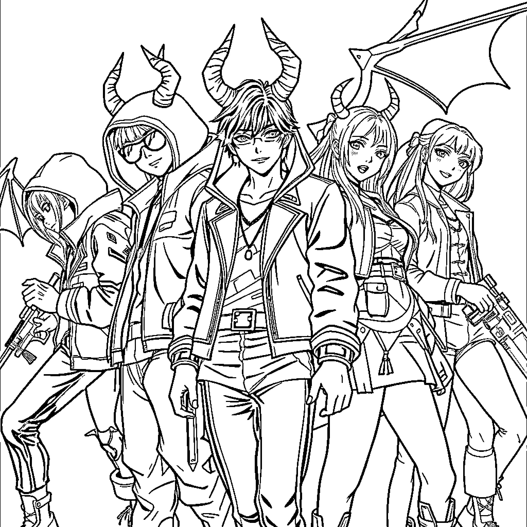 Kpop Demon Hunter: Fierce Guardians in Action Coloring Page (free black-and-white line drawing printable PDF for all, from beginners to advanced learners, including children, teens, adults, and seniors)