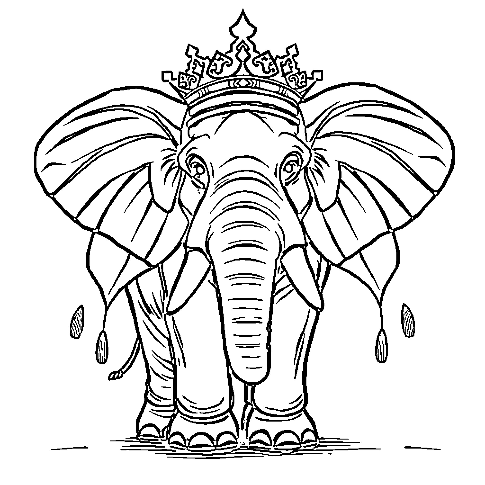 Elephant with ornate crown and decorative elements Coloring Page (free black-and-white line drawing printable PDF for all, from beginners to advanced learners, including children, teens, adults, and seniors)
