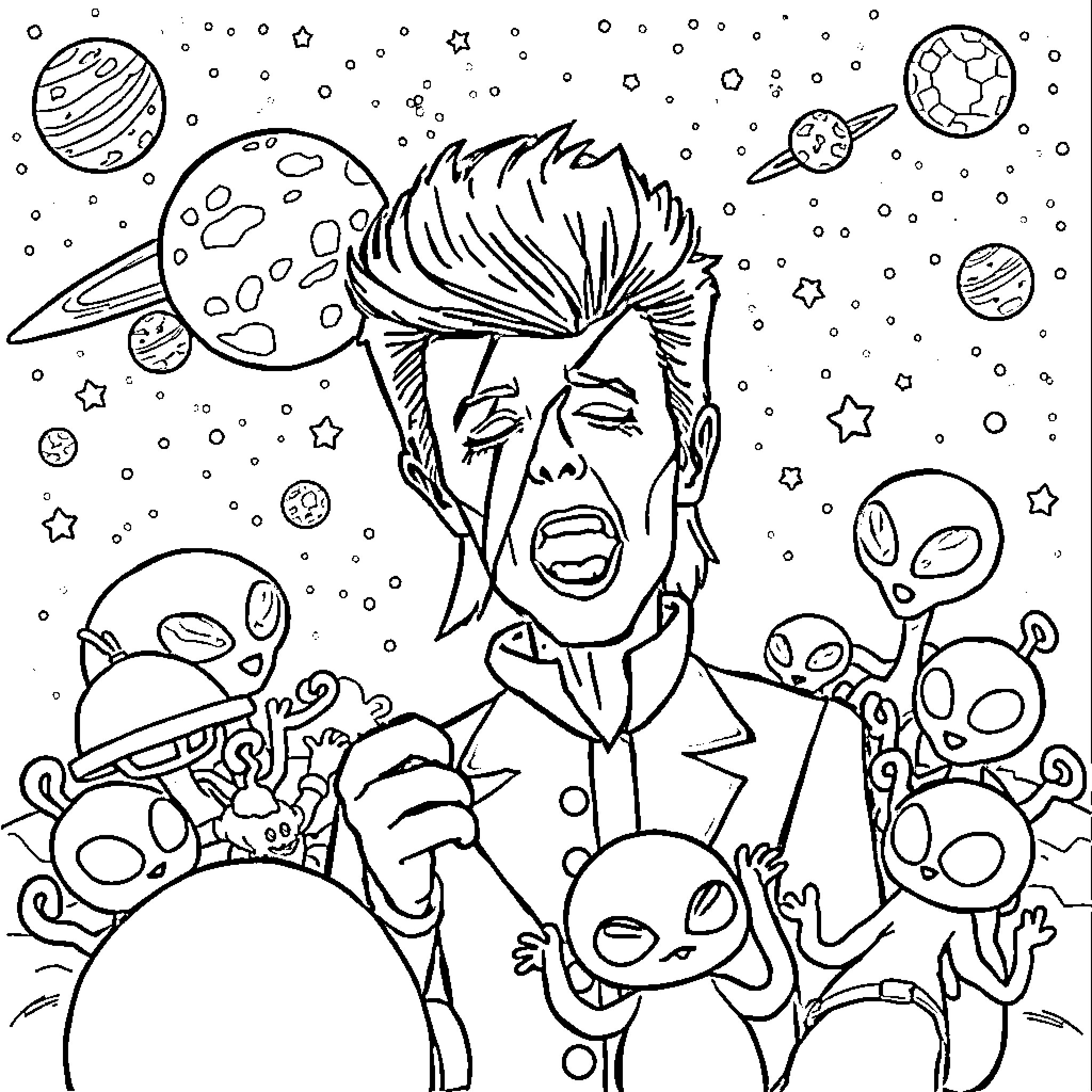 David Bowie's Cosmic Adventure with Aliens Coloring Page (free black-and-white line drawing printable PDF for all, from beginners to advanced learners, including children, teens, adults, and seniors)