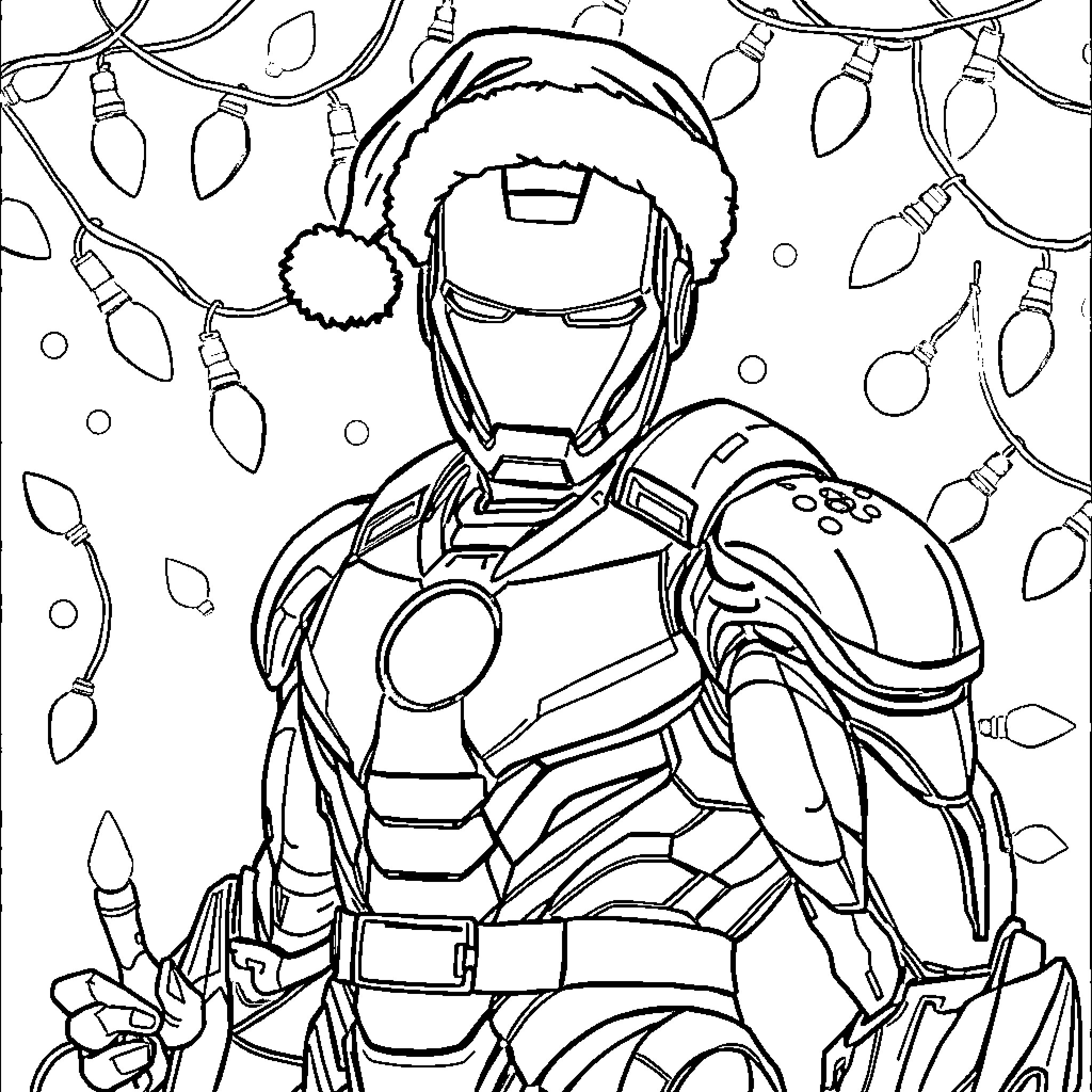Ironman in Holiday Spirit with Christmas Lights Coloring Page (free black-and-white line drawing printable PDF for all, from beginners to advanced learners, including children, teens, adults, and seniors)