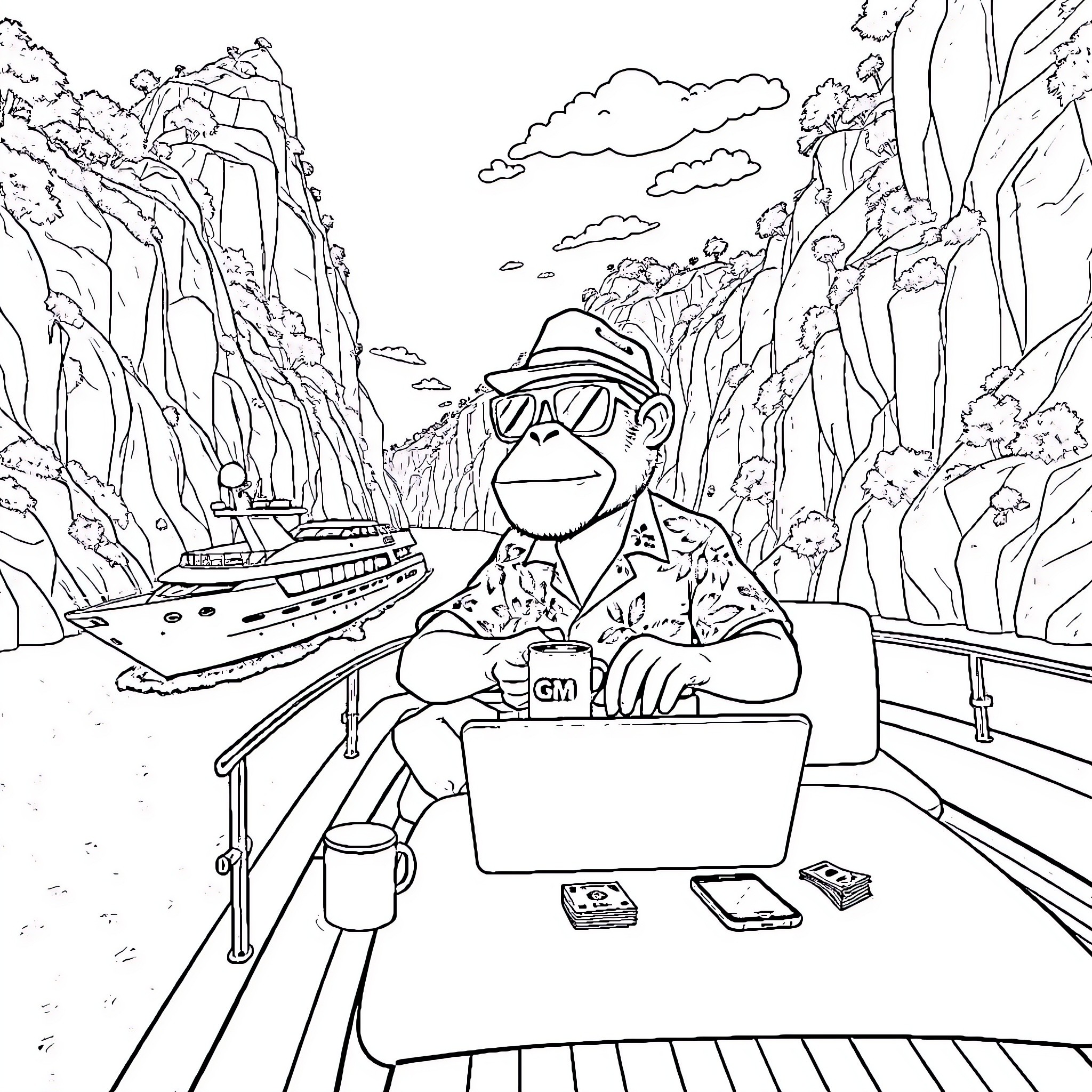 Ape explorer surveys the scenic cliffs and waterway Coloring Page (free black-and-white line drawing printable PDF for all, from beginners to advanced learners, including children, teens, adults, and seniors)