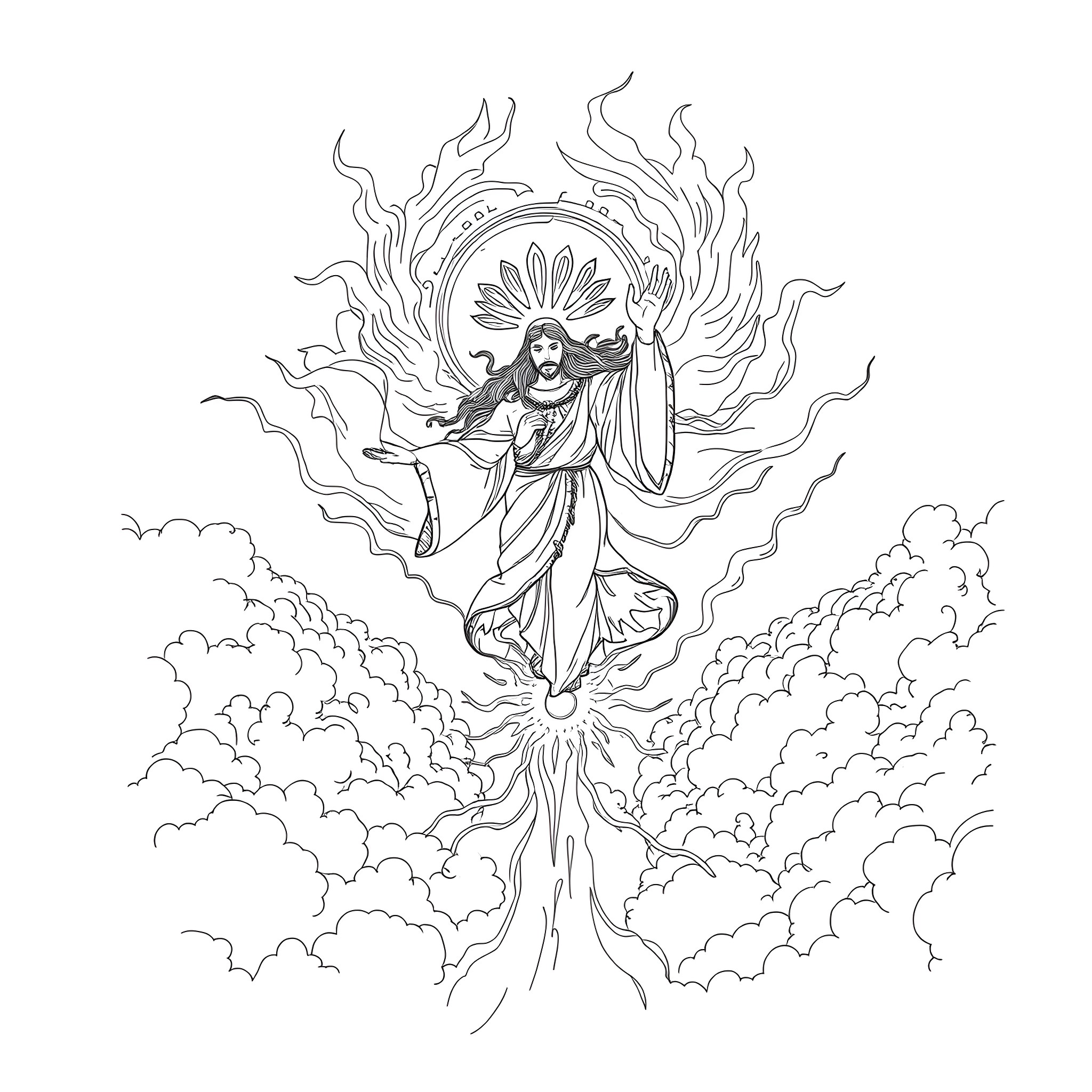 Spirit of Divinity Ascending Amidst Celestial Clouds Coloring Page (free black-and-white line drawing printable PDF for all, from beginners to advanced learners, including children, teens, adults, and seniors)