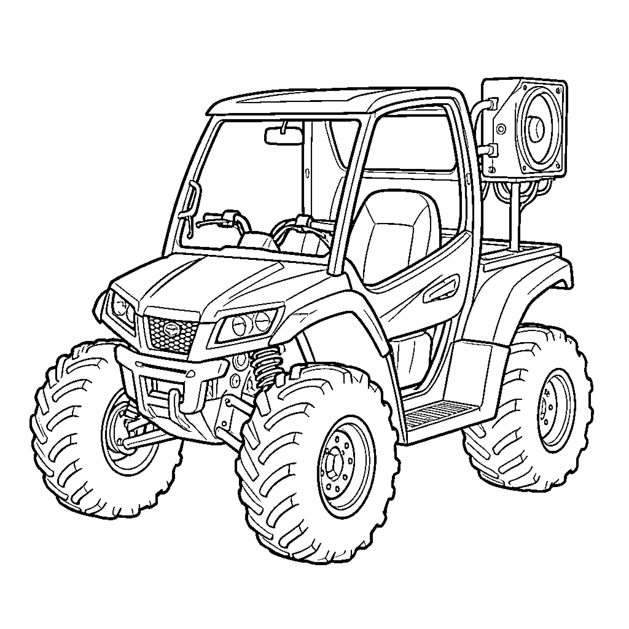 ATV Utility Vehicle with Large Off-Road Tires Coloring Page (free black-and-white line drawing printable PDF for all, from beginners to advanced learners, including children, teens, adults, and seniors)