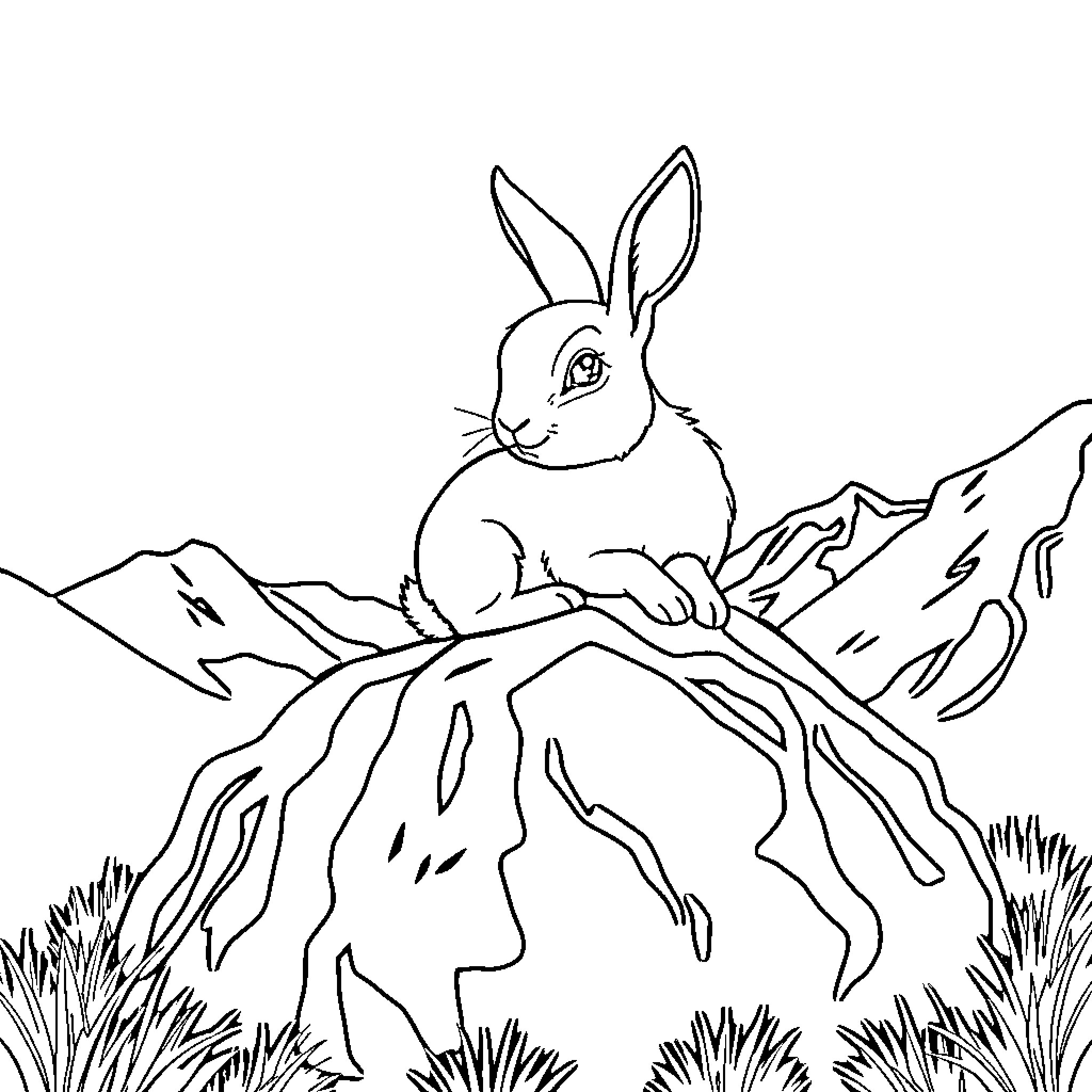 Rabbit exploring the rocky terrain Coloring Page (free black-and-white line drawing printable PDF for all, from beginners to advanced learners, including children, teens, adults, and seniors)