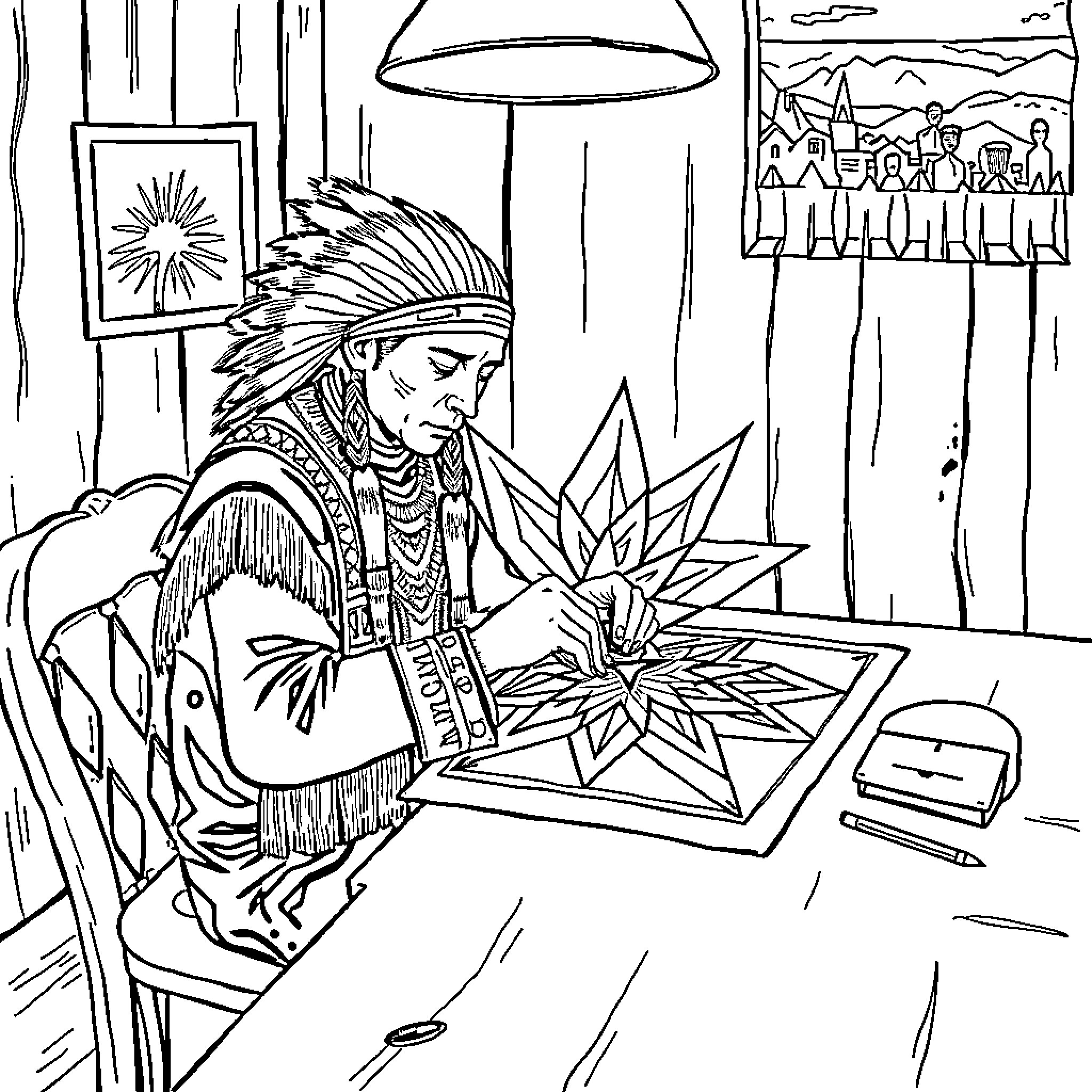 Man Creating Decorative Art in His Workshop Coloring Page (free black-and-white line drawing printable PDF for all, from beginners to advanced learners, including children, teens, adults, and seniors)