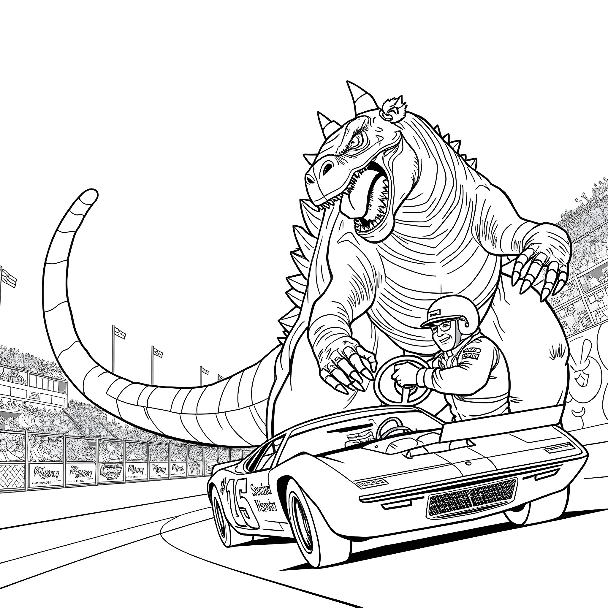 Godzilla attacks a race car driver on the racetrack Coloring Page (free black-and-white line drawing printable PDF for all, from beginners to advanced learners, including children, teens, adults, and seniors)