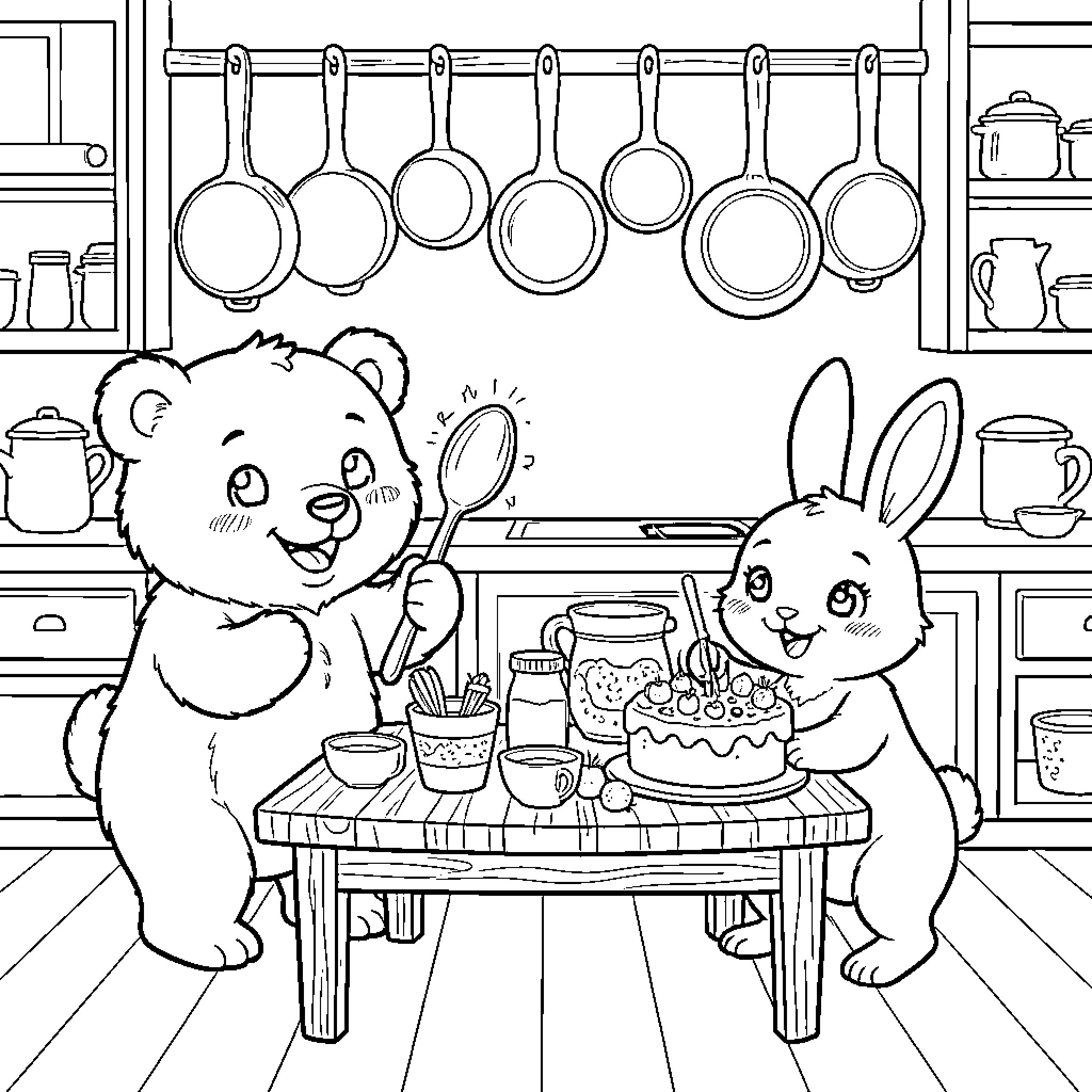 Bear and Bunny Baking in the Kitchen Coloring Page (free black-and-white line drawing printable PDF for all, from beginners to advanced learners, including children, teens, adults, and seniors)