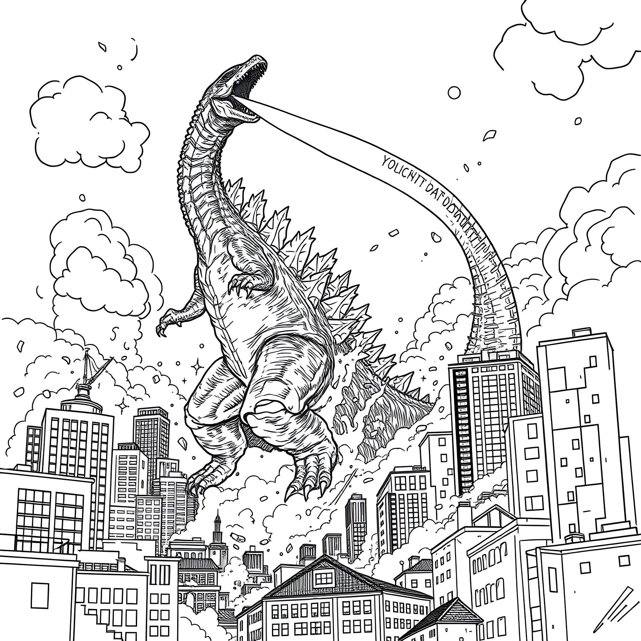 Godzilla rampaging through the city skyline Coloring Page (free black-and-white line drawing printable PDF for all, from beginners to advanced learners, including children, teens, adults, and seniors)