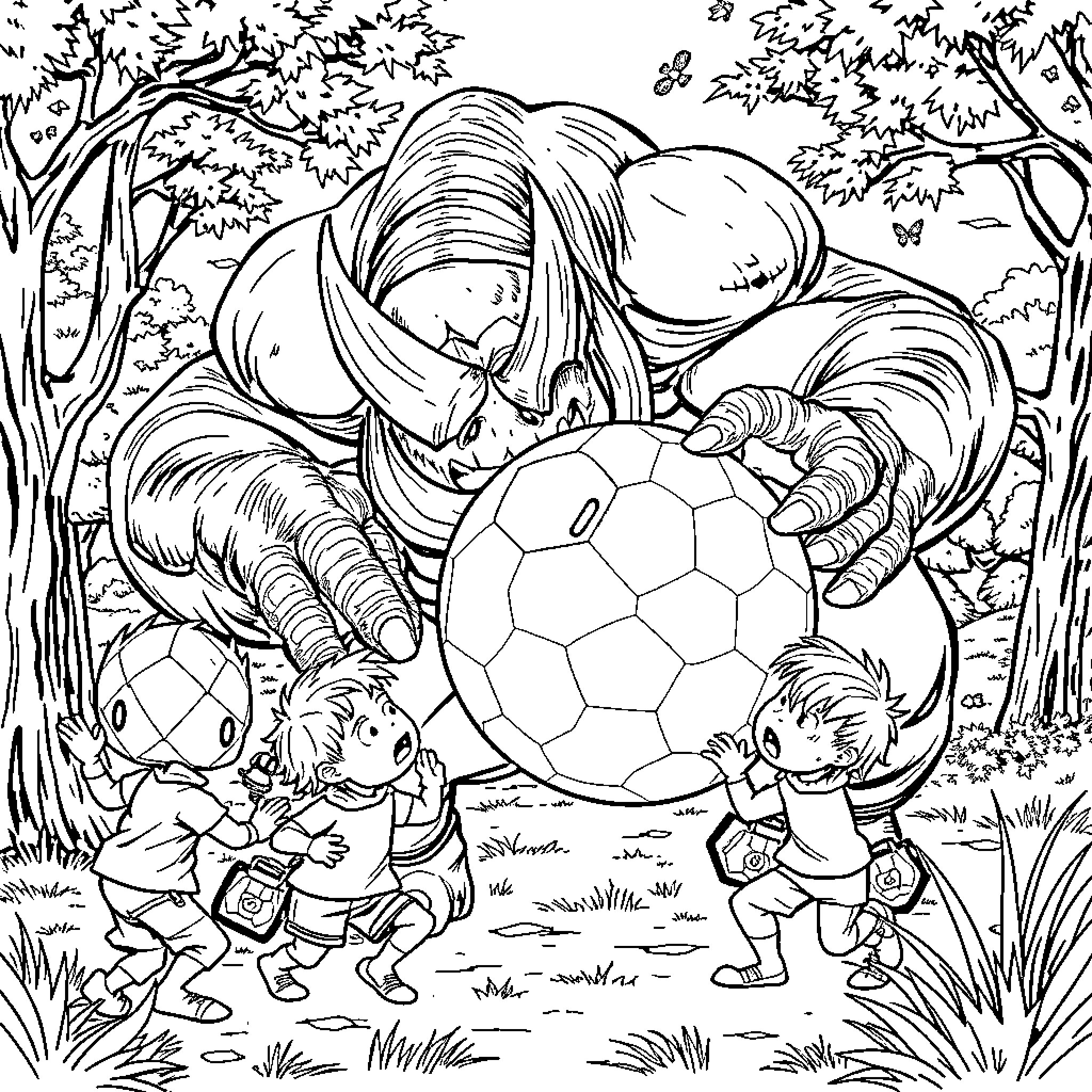 Rhino playing with children in forest Coloring Page (free black-and-white line drawing printable PDF for all, from beginners to advanced learners, including children, teens, adults, and seniors)