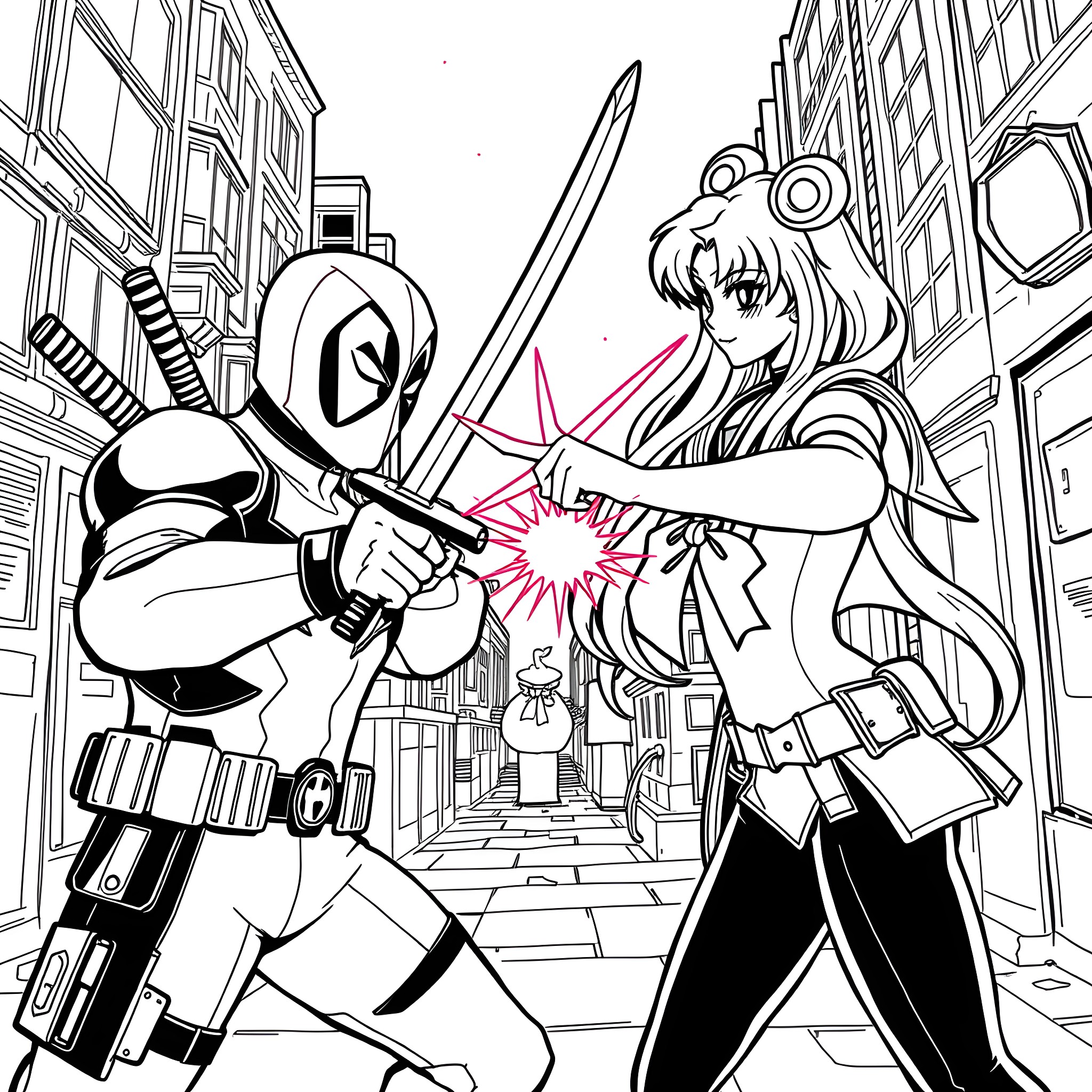 Deadpool's Explosive Encounter with Anime Character Coloring Page (free black-and-white line drawing printable PDF for all, from beginners to advanced learners, including children, teens, adults, and seniors)