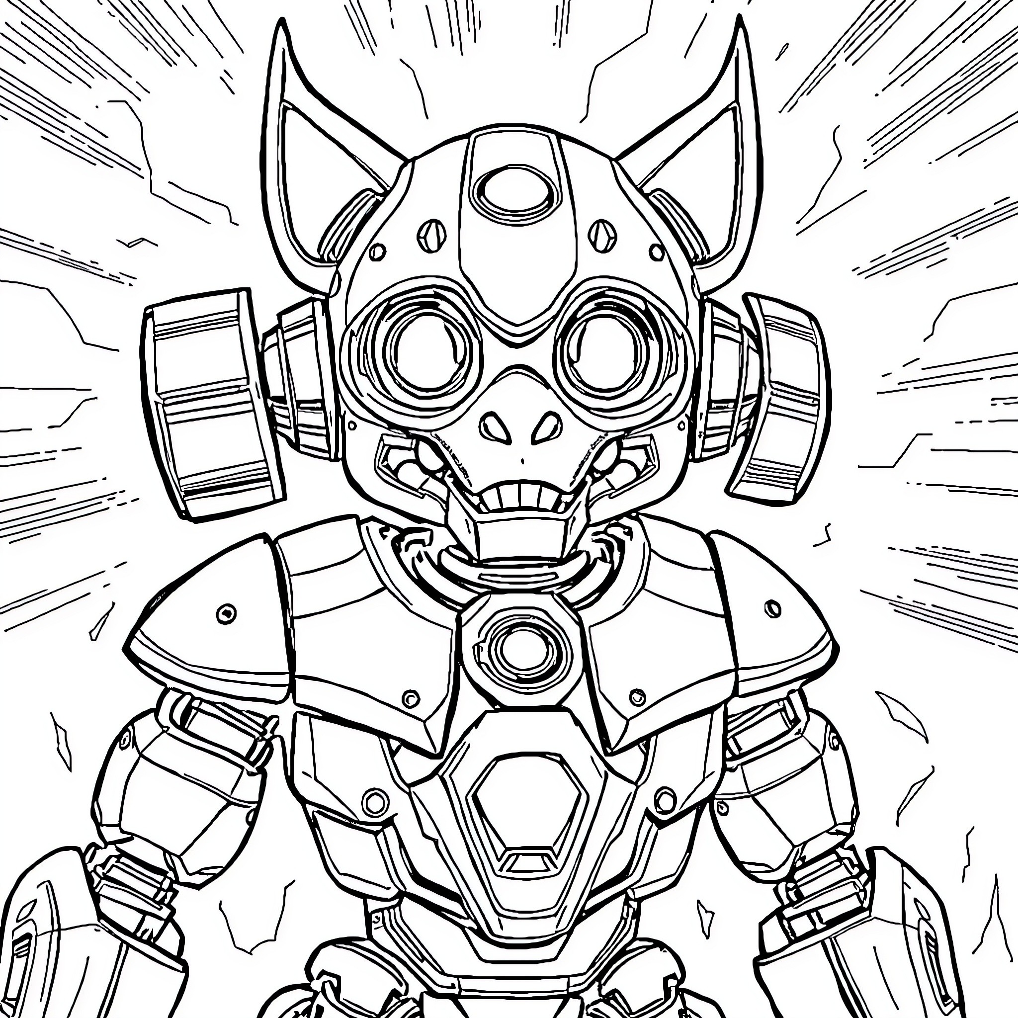 Robot Warrior in Action Pose Coloring Page (free black-and-white line drawing printable PDF for all, from beginners to advanced learners, including children, teens, adults, and seniors)