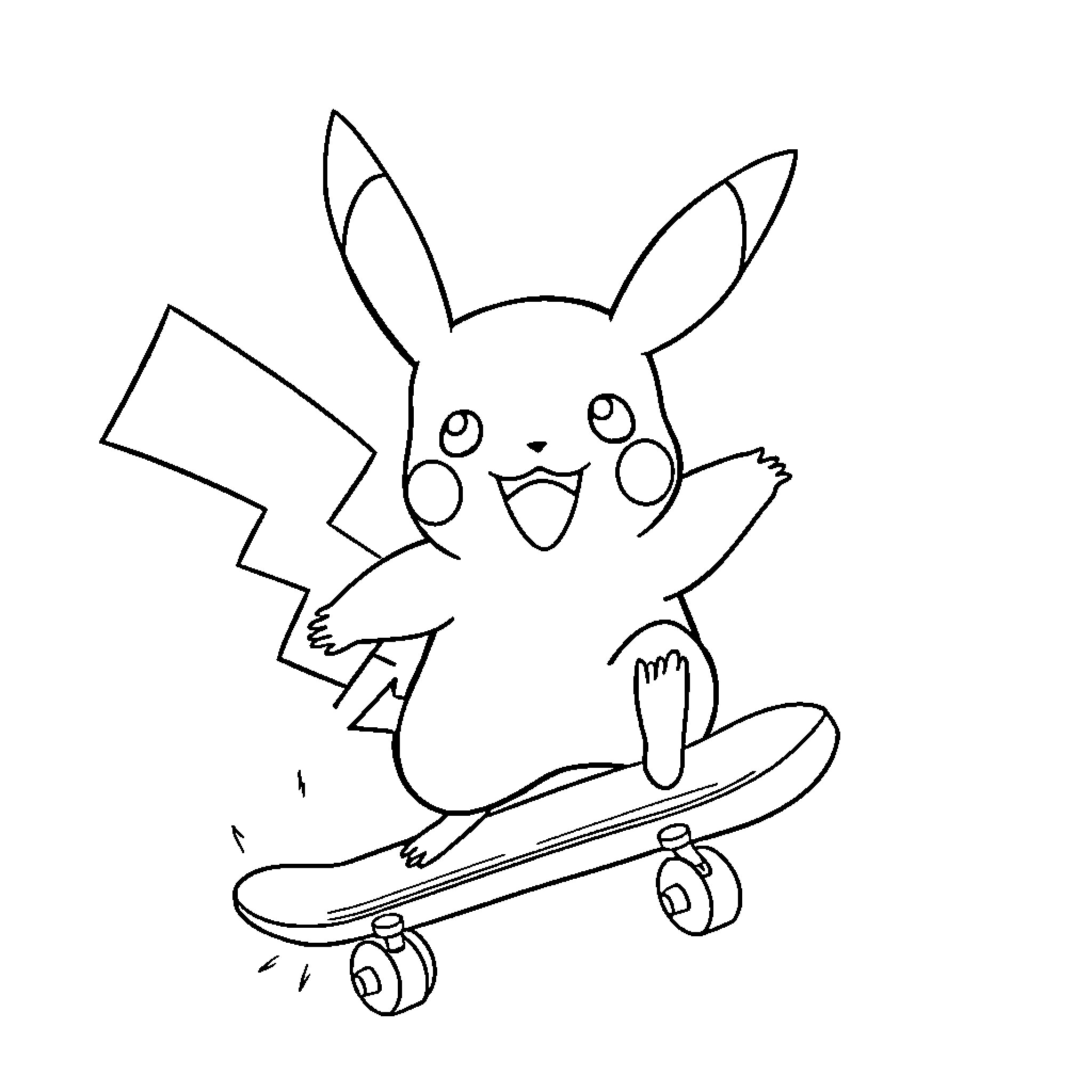 Pikachu riding a skateboard with enthusiasm Coloring Page (free black-and-white line drawing printable PDF for all, from beginners to advanced learners, including children, teens, adults, and seniors)