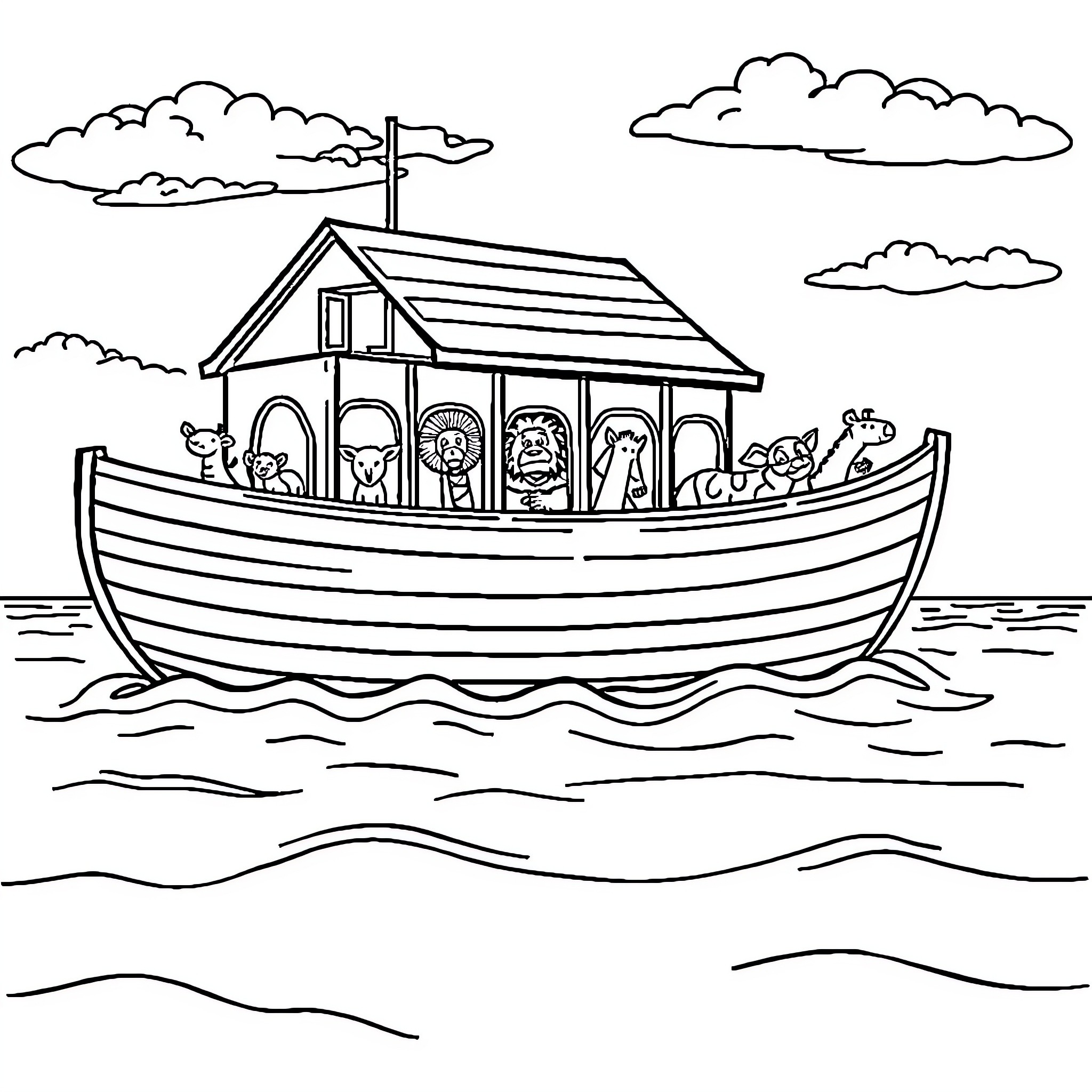 Noah's Ark with animals sailing on the waters Coloring Page (free black-and-white line drawing printable PDF for all, from beginners to advanced learners, including children, teens, adults, and seniors)