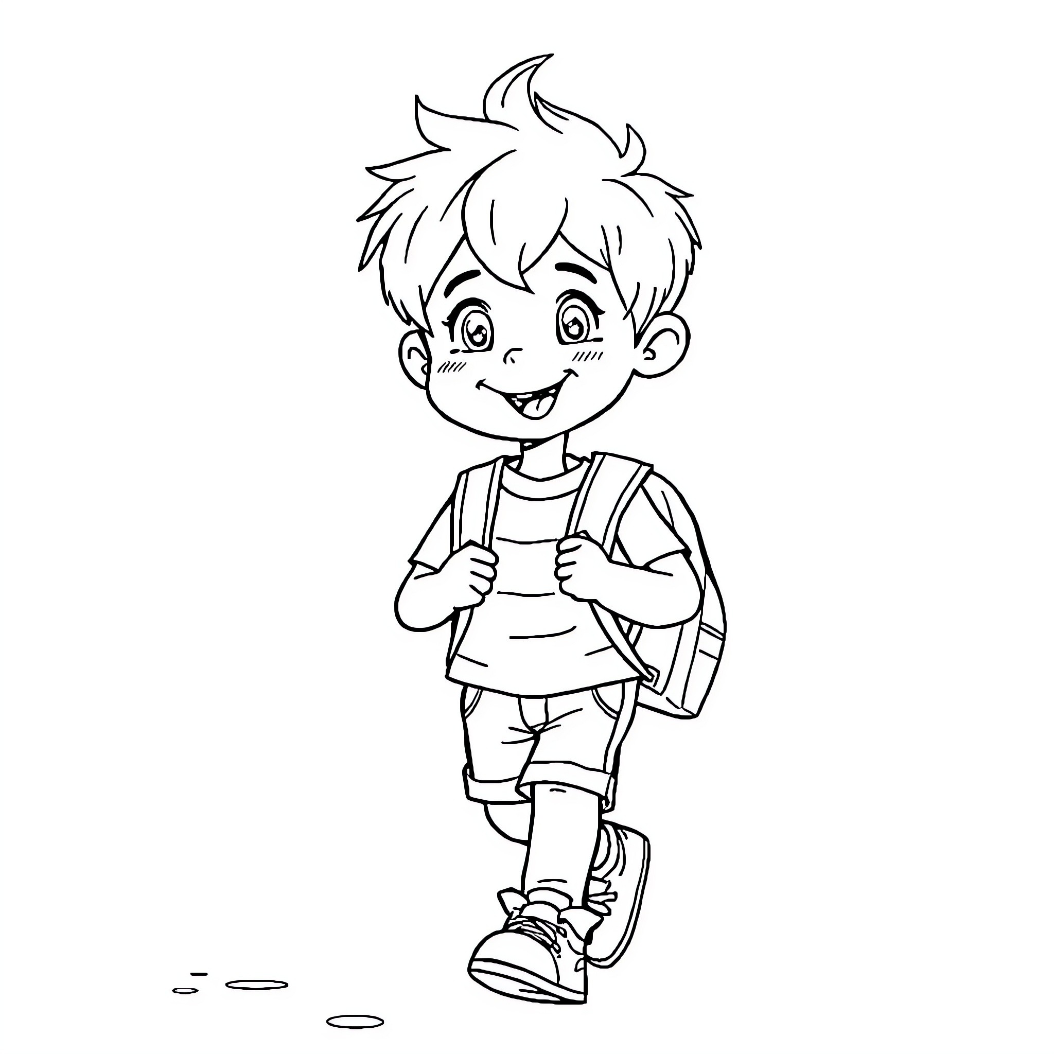 Child with Backpack Happily Walking Coloring Page (free black-and-white line drawing printable PDF for all, from beginners to advanced learners, including children, teens, adults, and seniors)