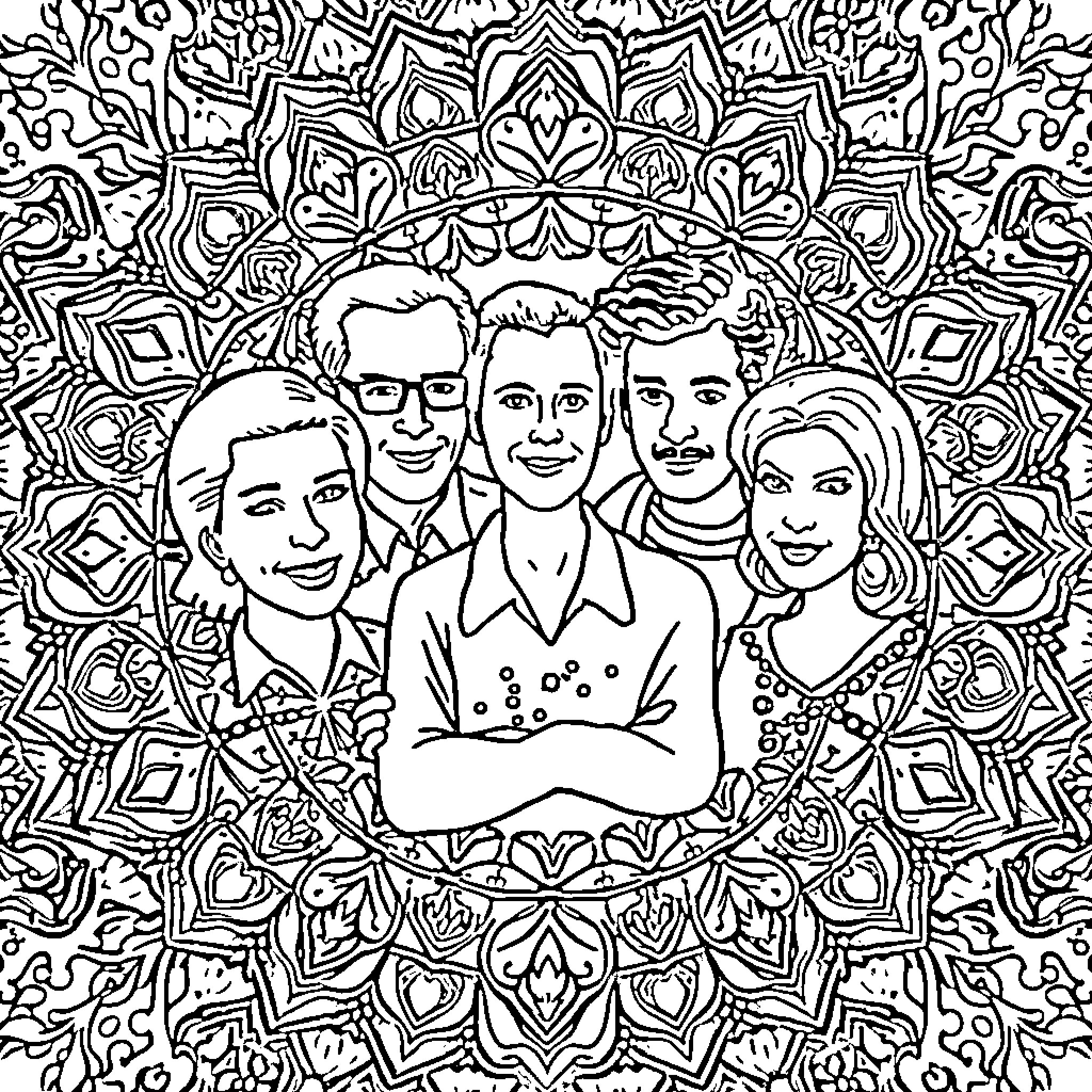 Seinfeld characters in an intricate mandala design Coloring Page (free black-and-white line drawing printable PDF for all, from beginners to advanced learners, including children, teens, adults, and seniors)