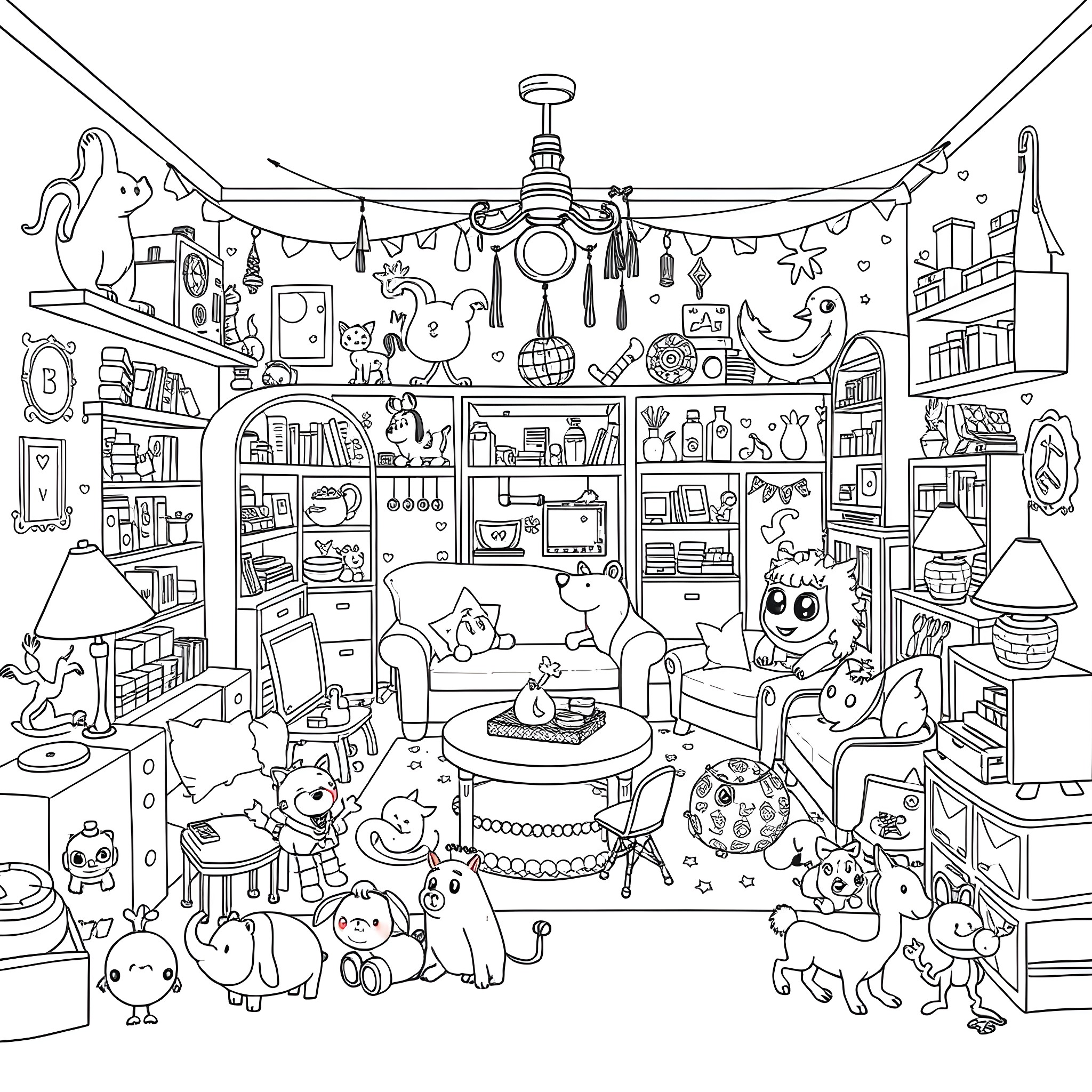 Gabby's Dollhouse: Cozy Playtime with Toys and Decorations Coloring Page (free black-and-white line drawing printable PDF for all, from beginners to advanced learners, including children, teens, adults, and seniors)