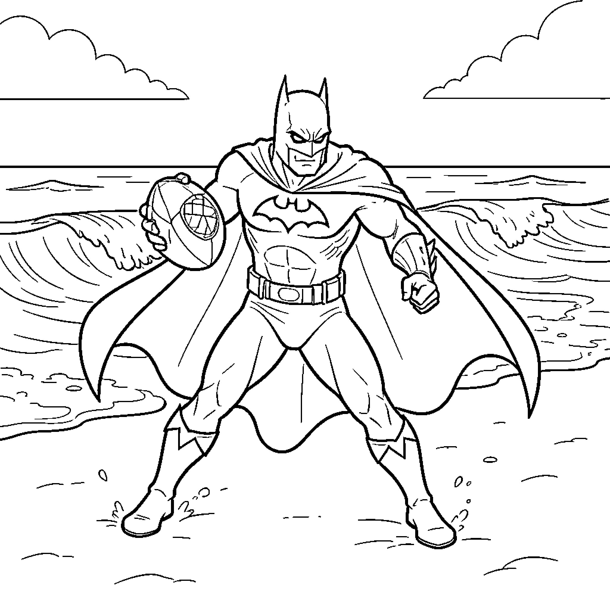 Bat Man holding a football on a beach Coloring Page (free black-and-white line drawing printable PDF for all, from beginners to advanced learners, including children, teens, adults, and seniors)