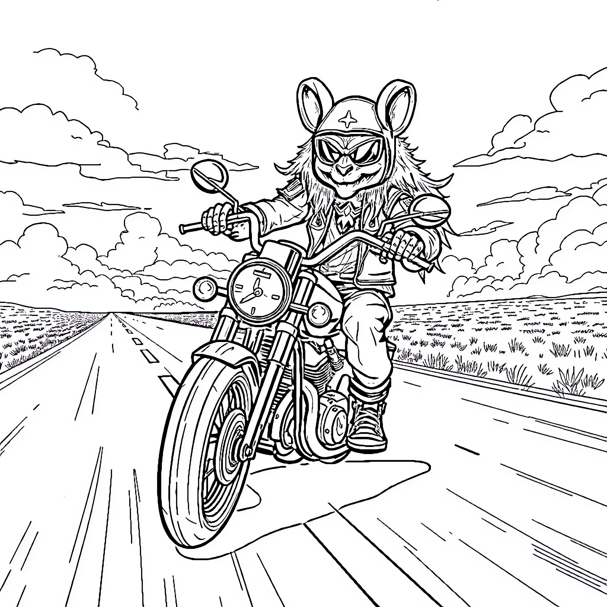 Motorcycle rider with animal character on open road Coloring Page (free black-and-white line drawing printable PDF for all, from beginners to advanced learners, including children, teens, adults, and seniors)