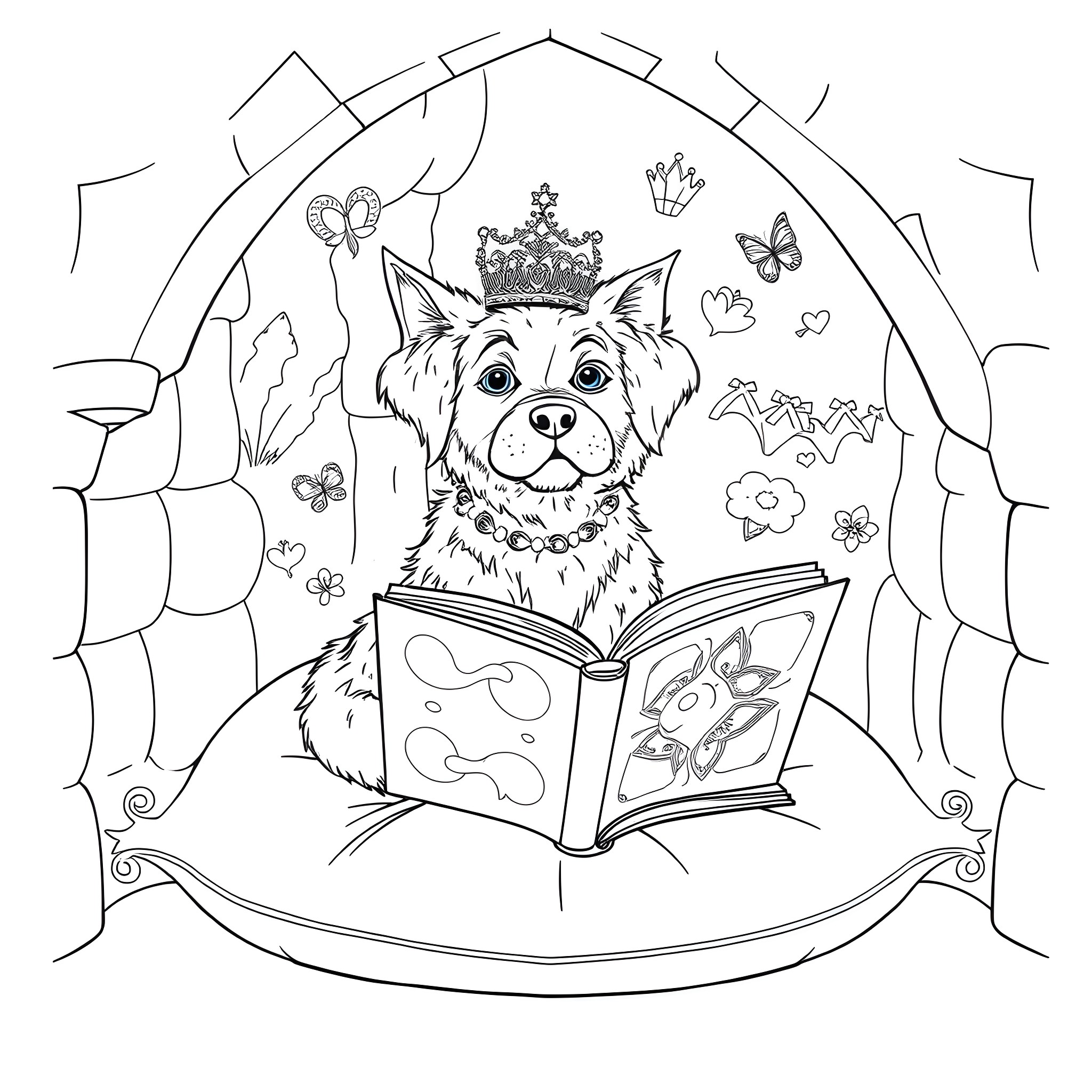 Dog reading a storybook wearing a crown Coloring Page (free black-and-white line drawing printable PDF for all, from beginners to advanced learners, including children, teens, adults, and seniors)