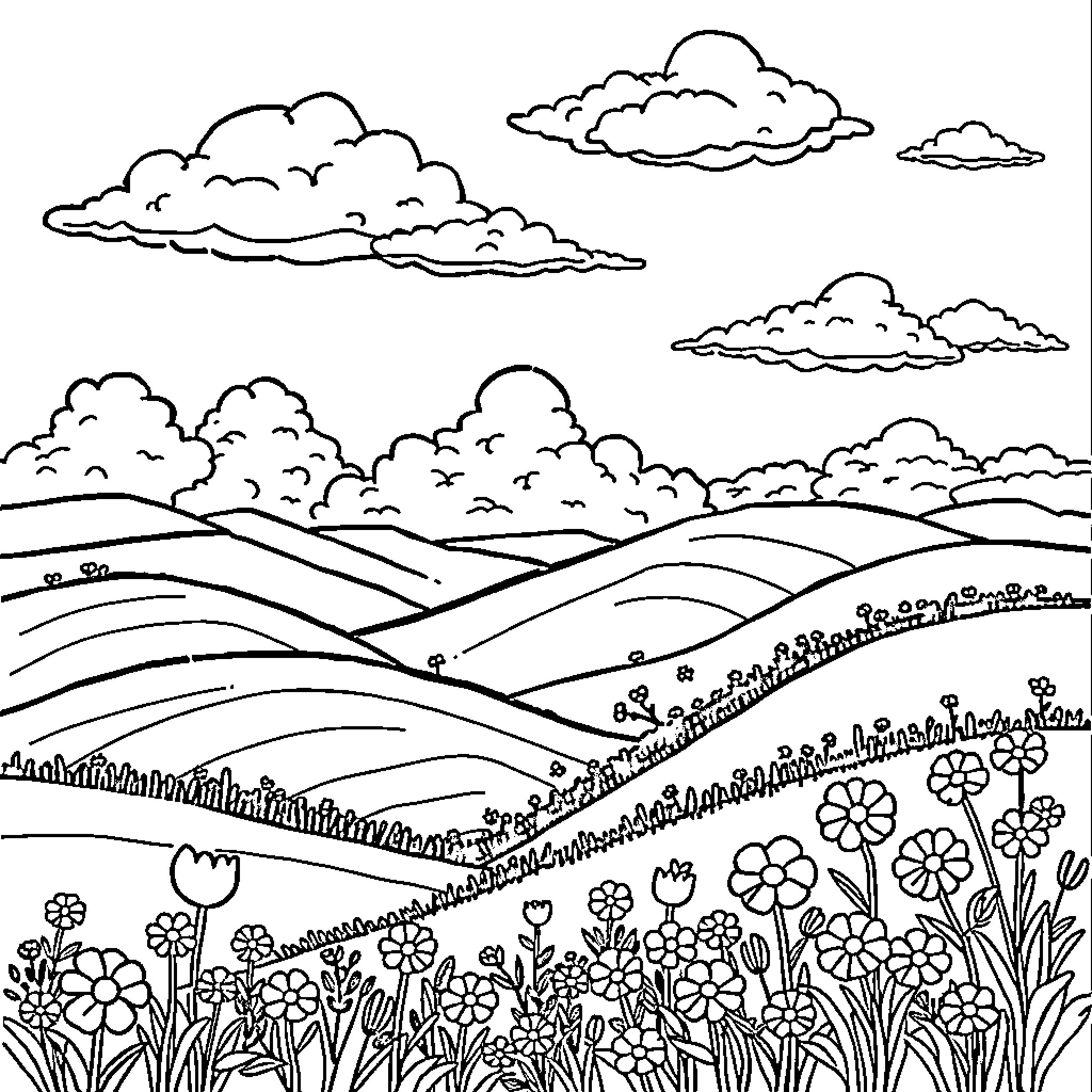 Landscape with rolling hills and blooming flowers Coloring Page (free black-and-white line drawing printable PDF for all, from beginners to advanced learners, including children, teens, adults, and seniors)