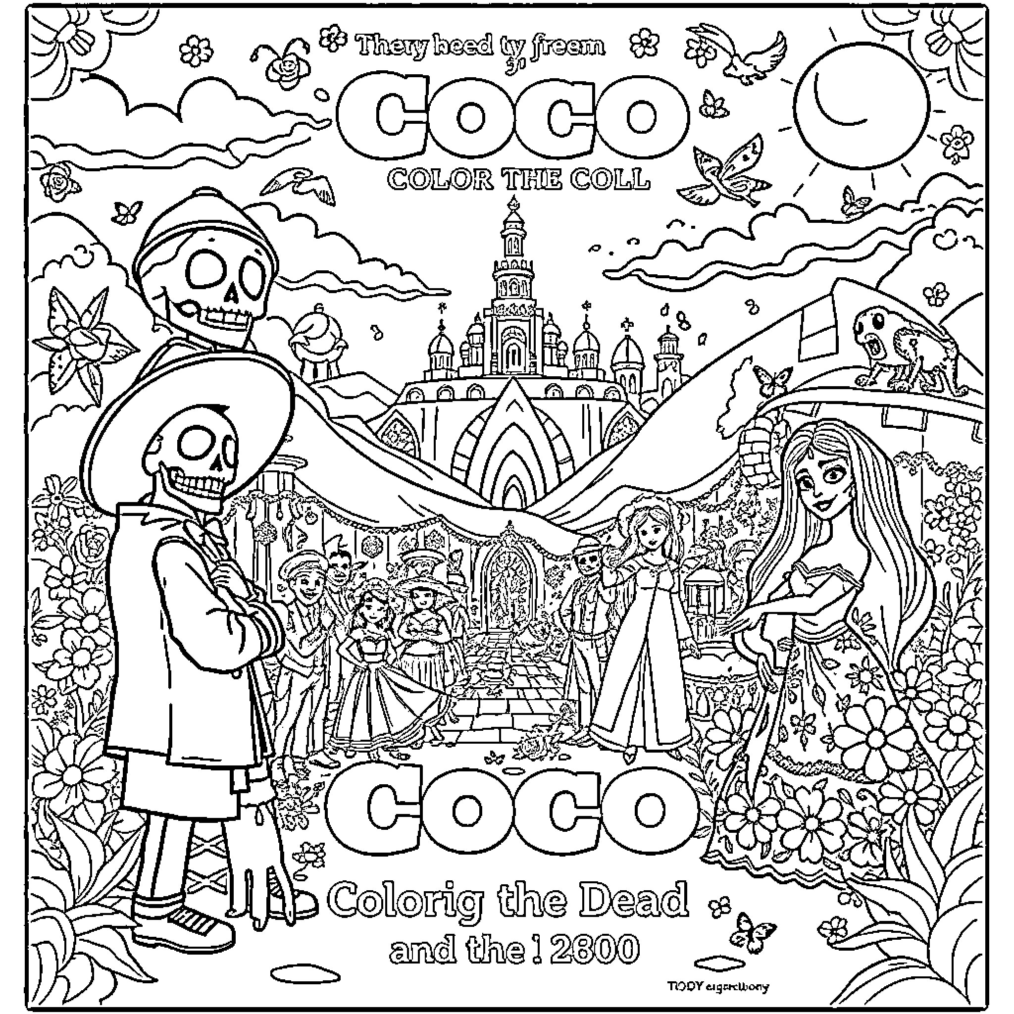 Coco: Coloring the Celebration of the Dead and the Living Coloring Page (free black-and-white line drawing printable PDF for all, from beginners to advanced learners, including children, teens, adults, and seniors)