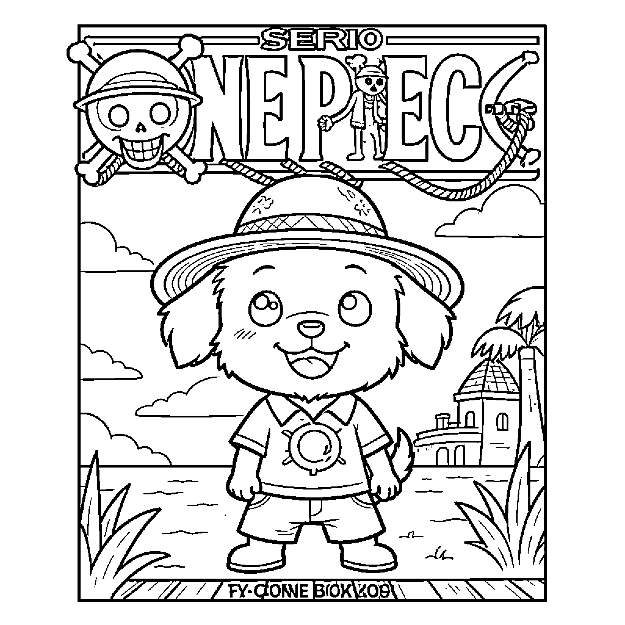 Dog in explorer outfit on an adventure Coloring Page (free black-and-white line drawing printable PDF for all, from beginners to advanced learners, including children, teens, adults, and seniors)