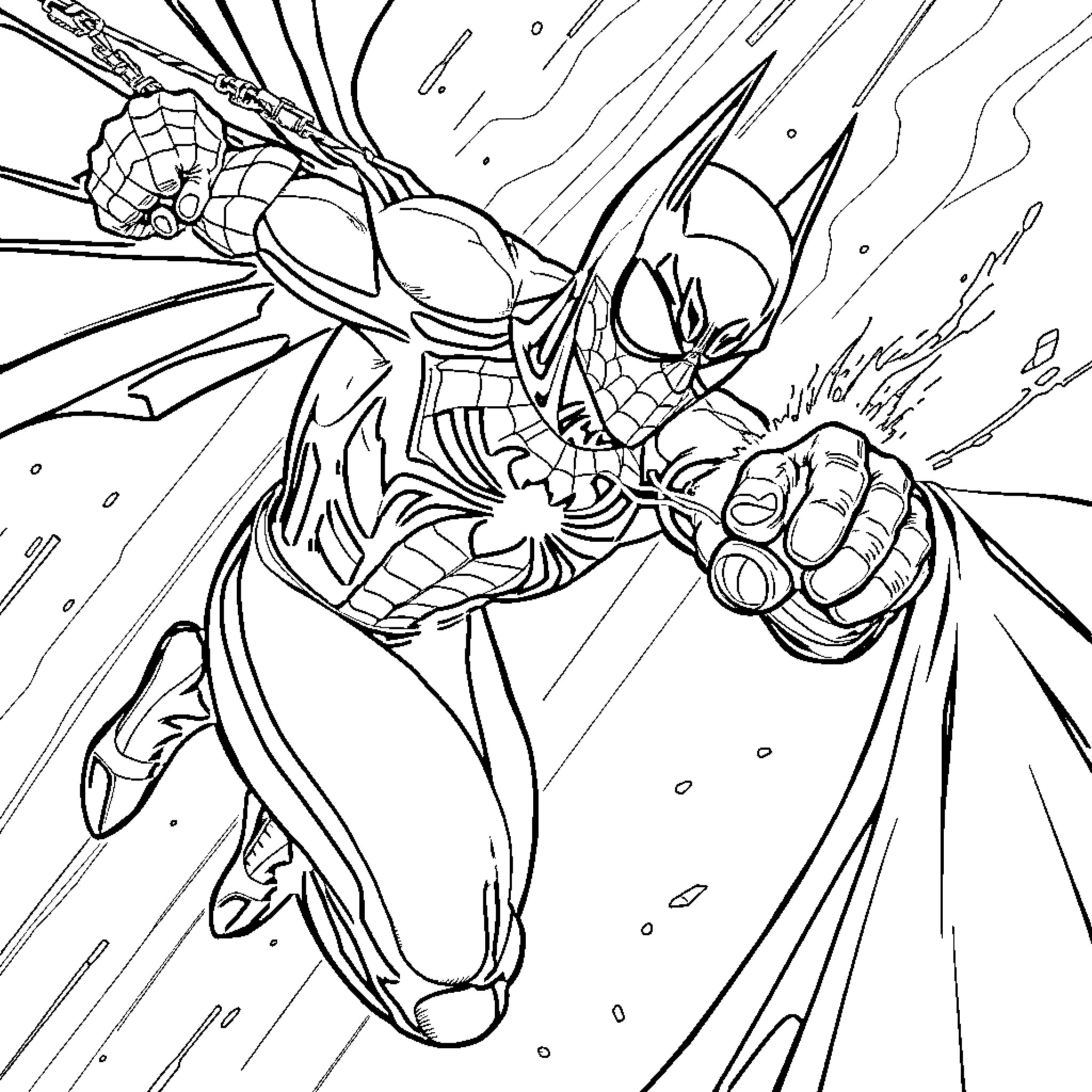Spider-Man in action-packed heroic pose Coloring Page (free black-and-white line drawing printable PDF for all, from beginners to advanced learners, including children, teens, adults, and seniors)