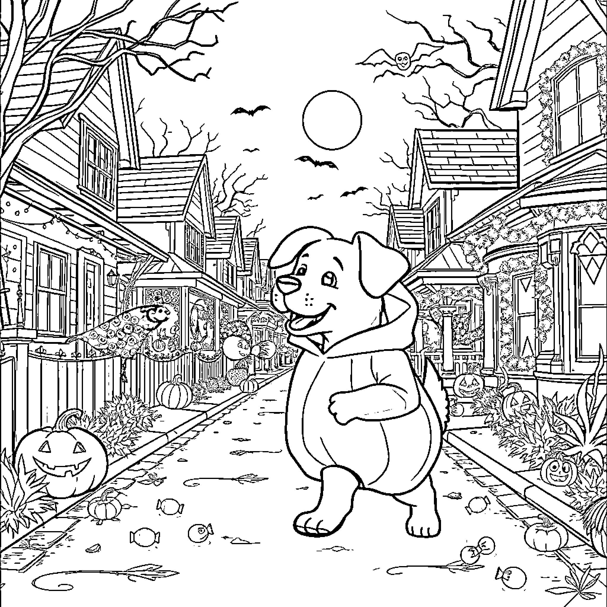 Dog enjoying Halloween festivities in a spooky town Coloring Page (free black-and-white line drawing printable PDF for all, from beginners to advanced learners, including children, teens, adults, and seniors)