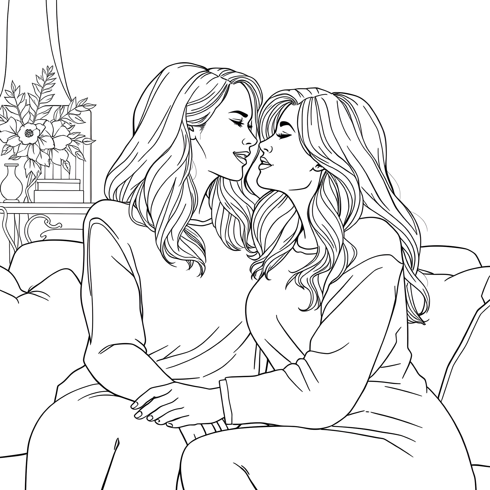 Woman sharing tender embrace with another woman Coloring Page (free black-and-white line drawing printable PDF for all, from beginners to advanced learners, including children, teens, adults, and seniors)
