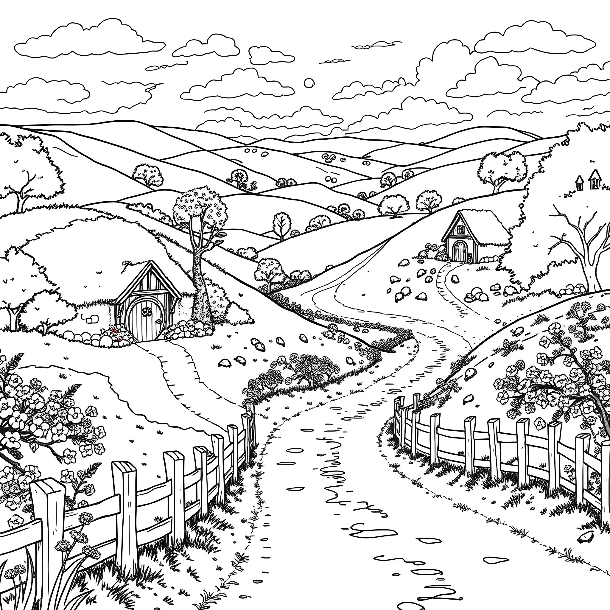 Shire pastoral landscape with winding path Coloring Page (free black-and-white line drawing printable PDF for all, from beginners to advanced learners, including children, teens, adults, and seniors)