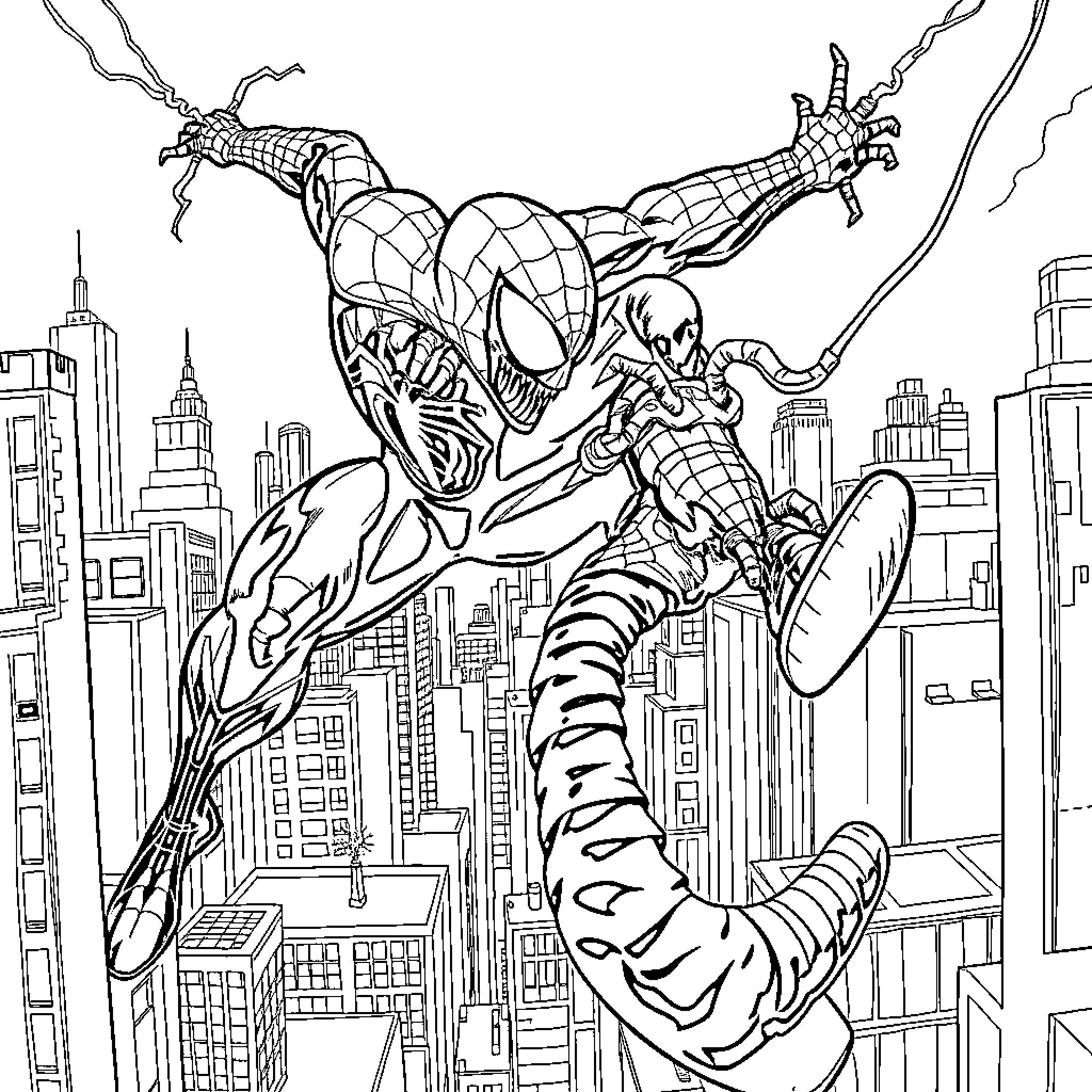 Spiderman swinging heroically through the city skyline Coloring Page (free black-and-white line drawing printable PDF for all, from beginners to advanced learners, including children, teens, adults, and seniors)