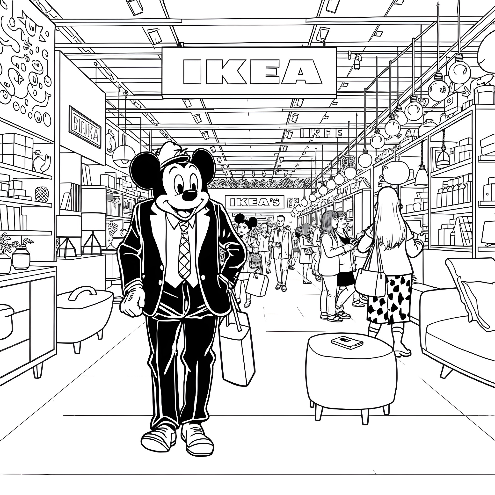 Walt Disney Character Explores Modern Furniture Store Coloring Page (free black-and-white line drawing printable PDF for all, from beginners to advanced learners, including children, teens, adults, and seniors)