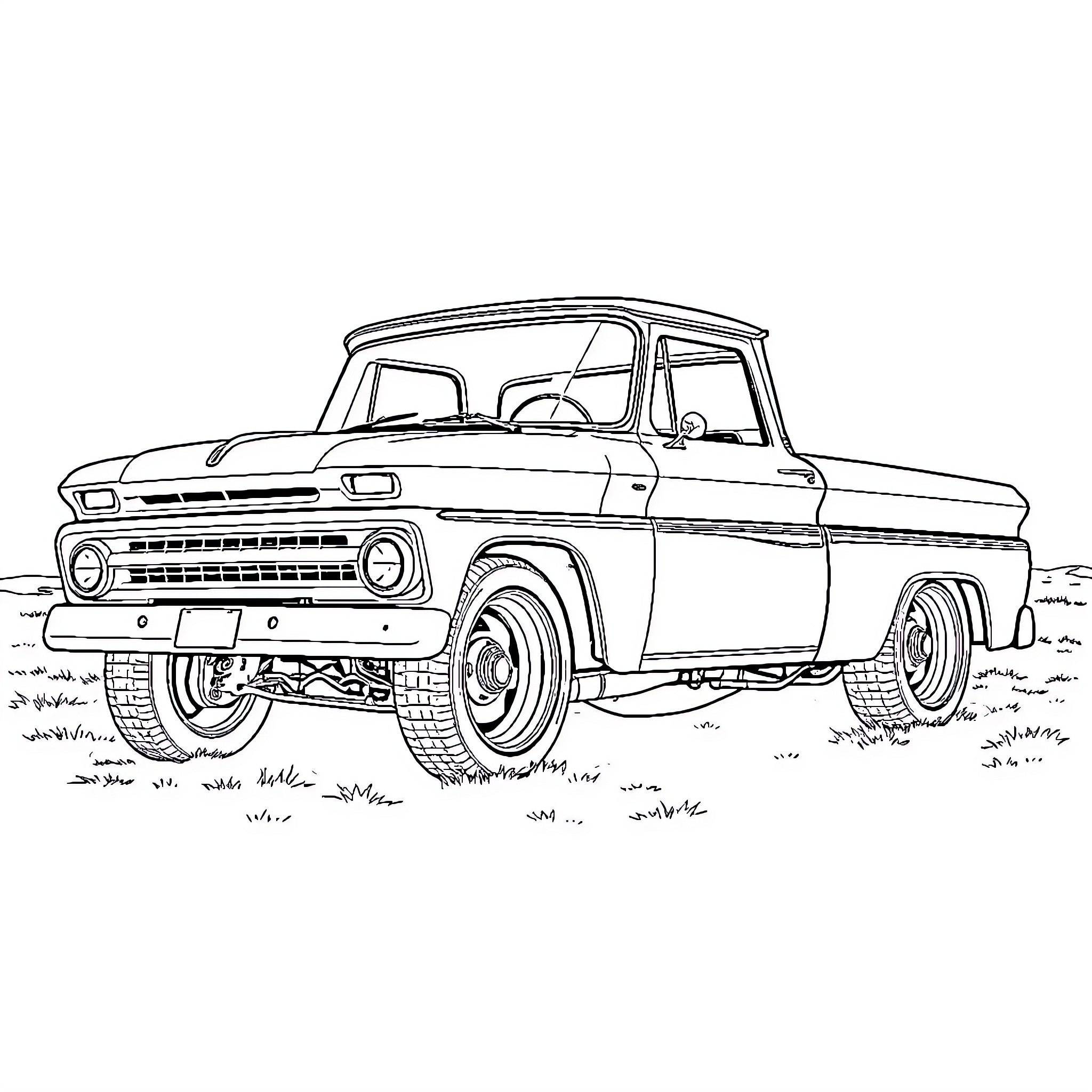 Chevy classic pickup truck in the countryside Coloring Page (free black-and-white line drawing printable PDF for all, from beginners to advanced learners, including children, teens, adults, and seniors)